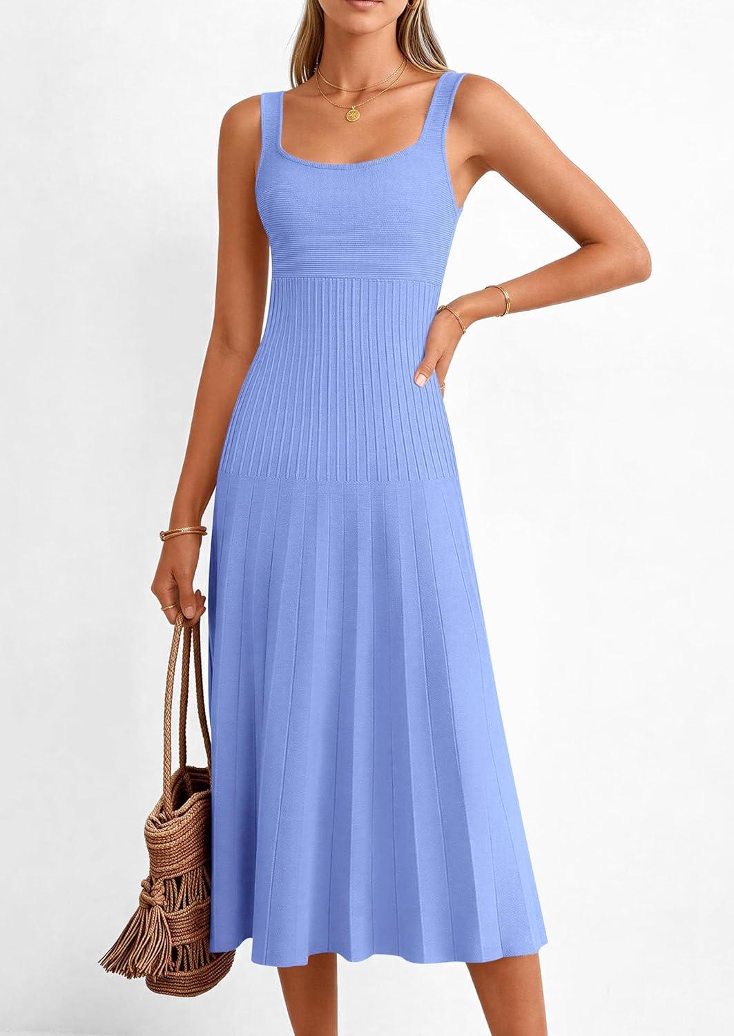 imagePRETTYGARDEN Spring Dresses for Women 2026 Summer Casual Sleeveless Square Neck A Line Knit Pleated Midi Cocktail Party DressLight Blue