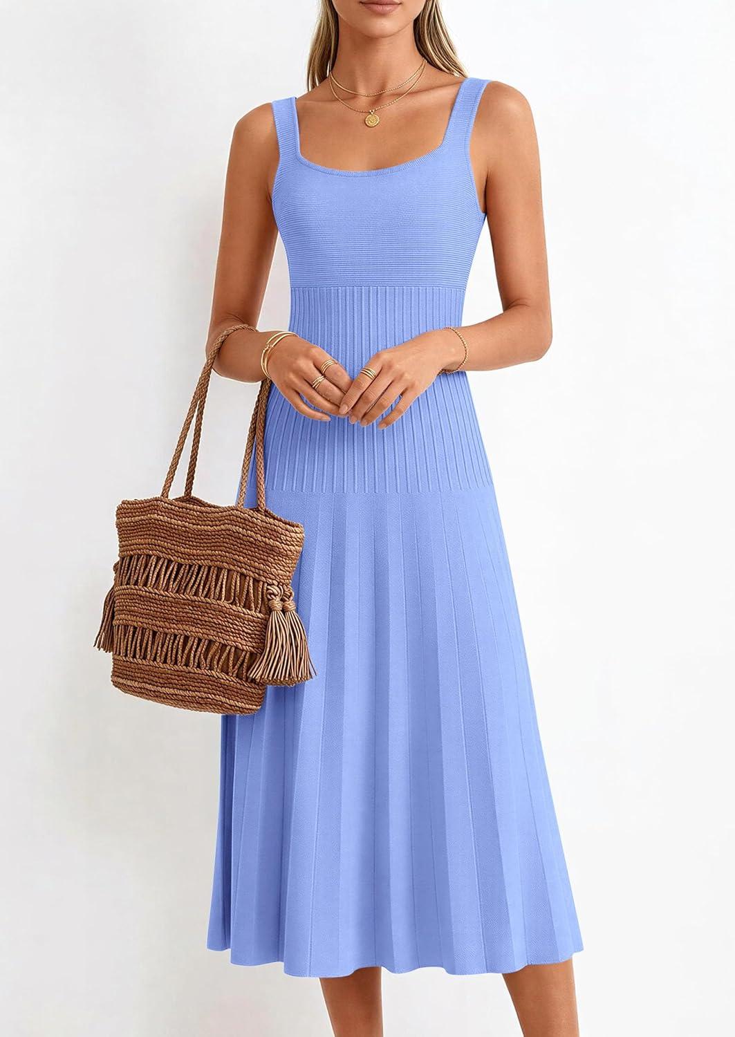 imagePRETTYGARDEN Spring Dresses for Women 2026 Summer Casual Sleeveless Square Neck A Line Knit Pleated Midi Cocktail Party DressLight Blue