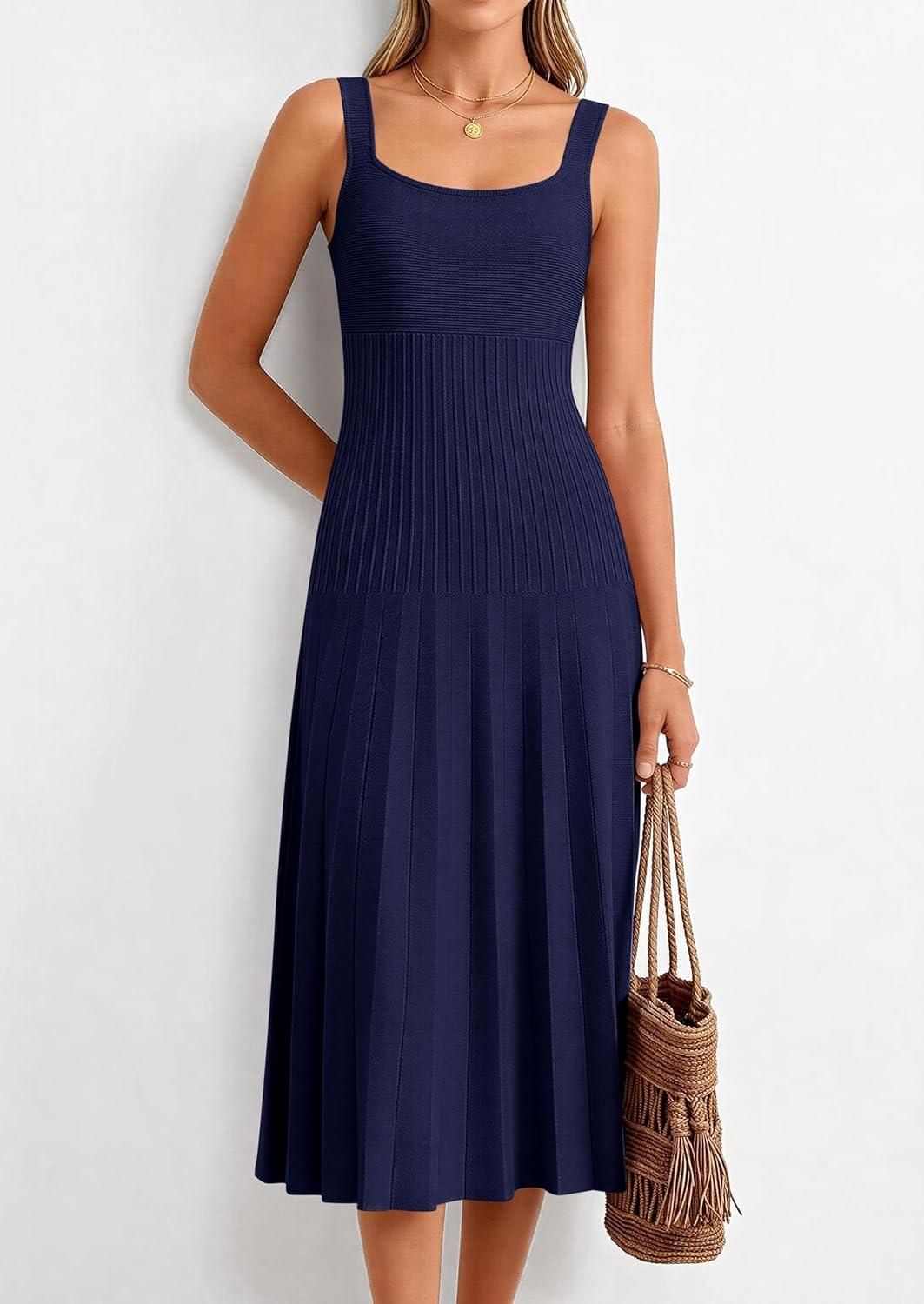 imagePRETTYGARDEN Spring Dresses for Women 2026 Summer Casual Sleeveless Square Neck A Line Knit Pleated Midi Cocktail Party DressNavy Blue