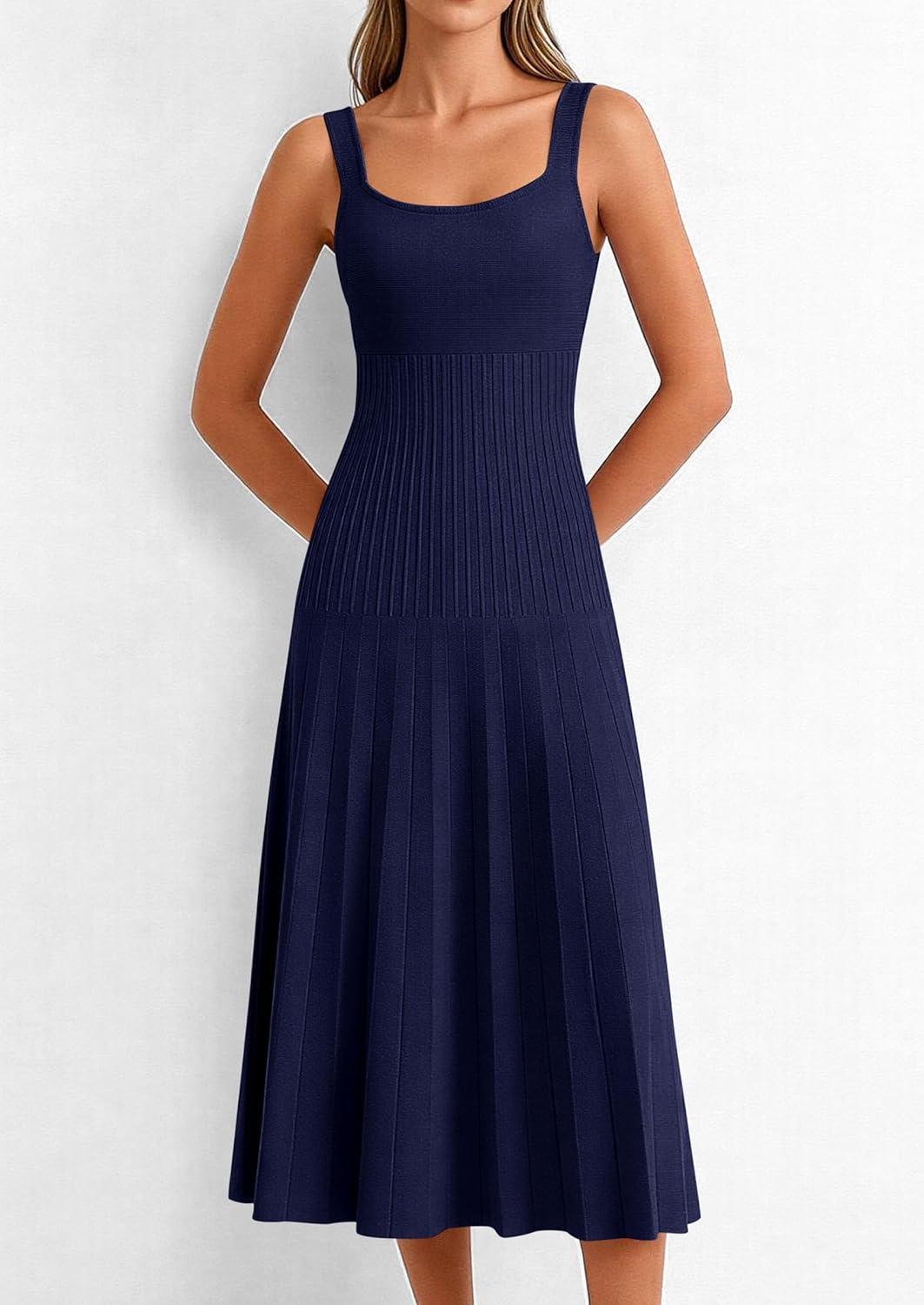 imagePRETTYGARDEN Spring Dresses for Women 2026 Summer Casual Sleeveless Square Neck A Line Knit Pleated Midi Cocktail Party DressNavy Blue