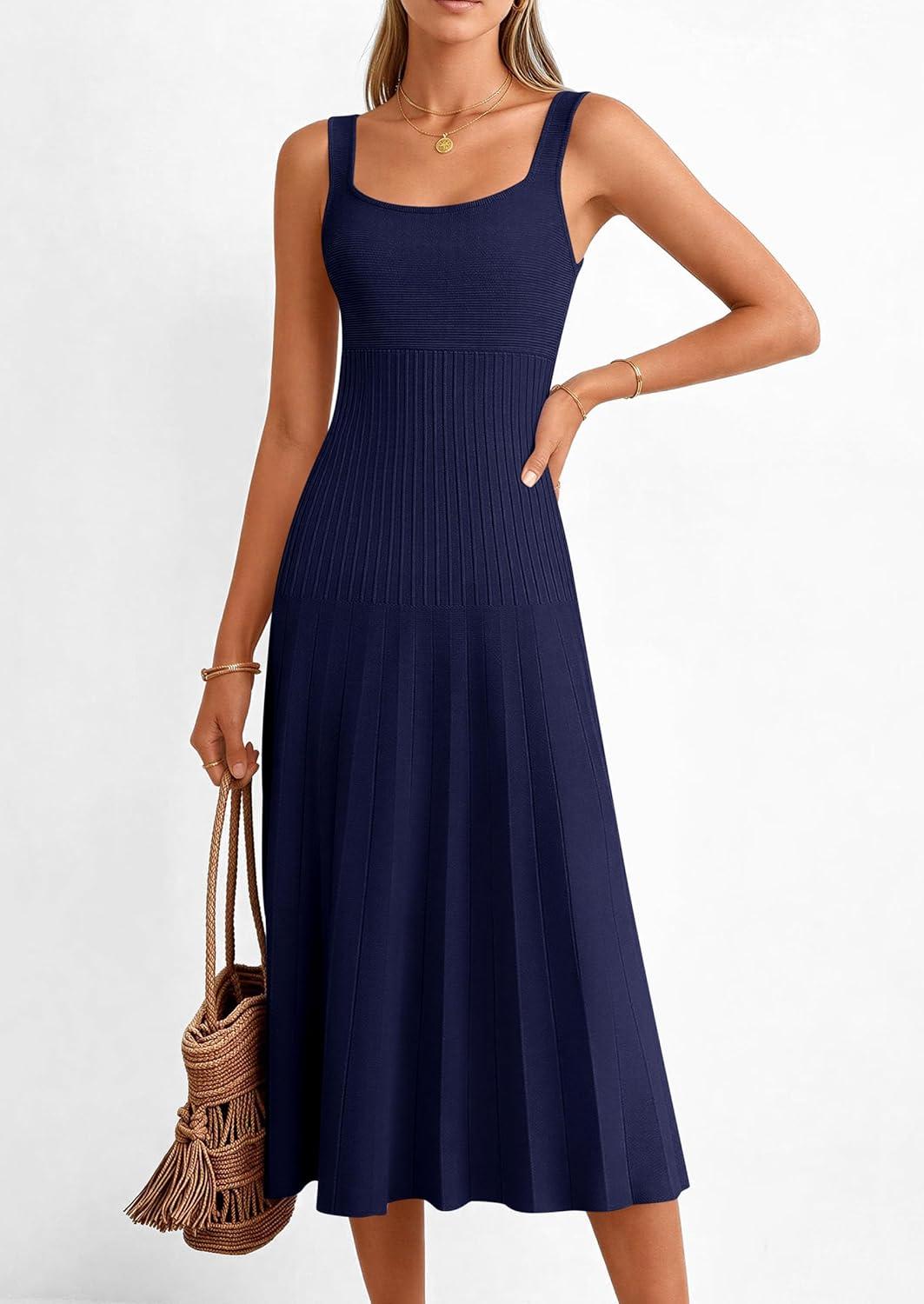 imagePRETTYGARDEN Spring Dresses for Women 2026 Summer Casual Sleeveless Square Neck A Line Knit Pleated Midi Cocktail Party DressNavy Blue