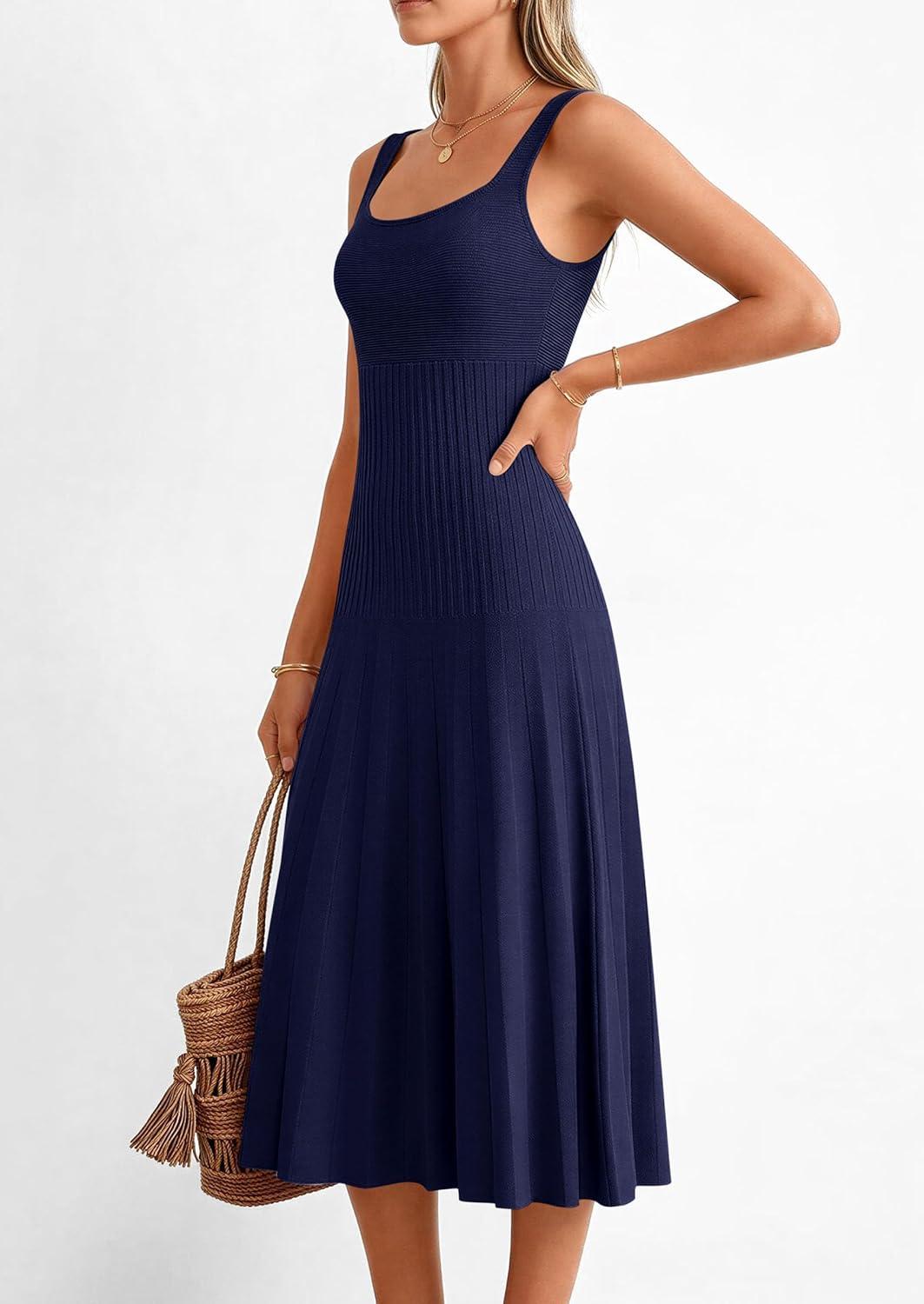 imagePRETTYGARDEN Spring Dresses for Women 2026 Summer Casual Sleeveless Square Neck A Line Knit Pleated Midi Cocktail Party DressNavy Blue