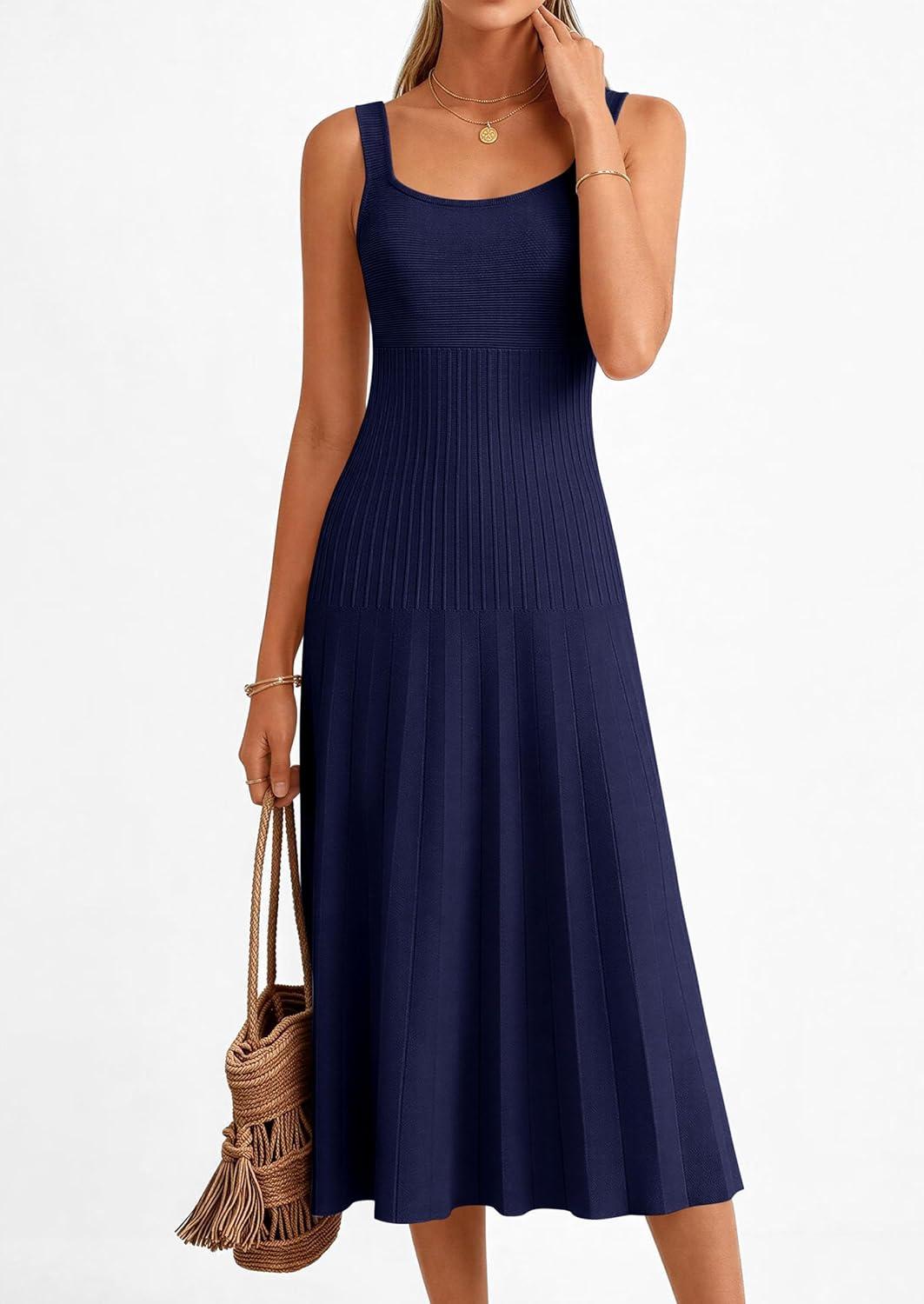 imagePRETTYGARDEN Spring Dresses for Women 2026 Summer Casual Sleeveless Square Neck A Line Knit Pleated Midi Cocktail Party DressNavy Blue