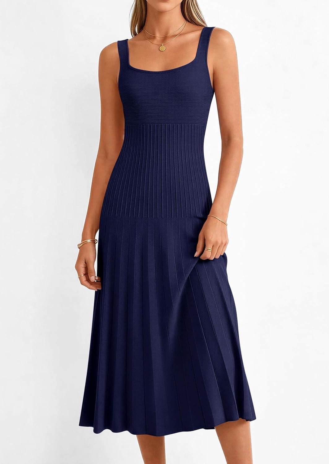 imagePRETTYGARDEN Spring Dresses for Women 2026 Summer Casual Sleeveless Square Neck A Line Knit Pleated Midi Cocktail Party DressNavy Blue