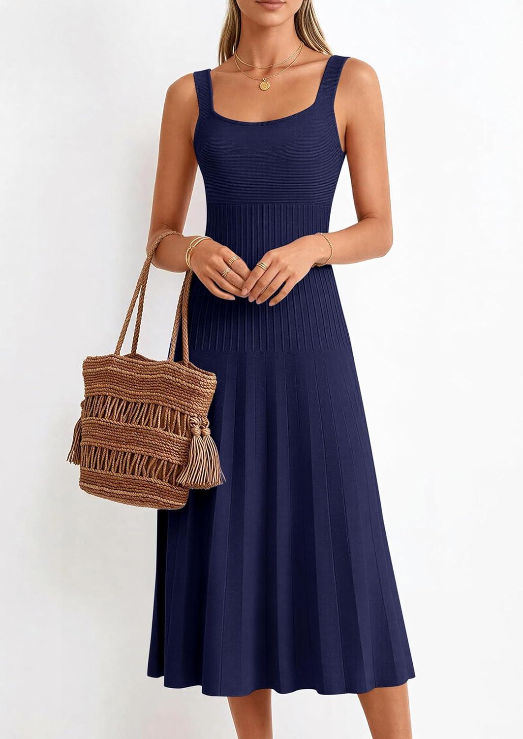 imagePRETTYGARDEN Spring Dresses for Women 2026 Summer Casual Sleeveless Square Neck A Line Knit Pleated Midi Cocktail Party DressNavy Blue