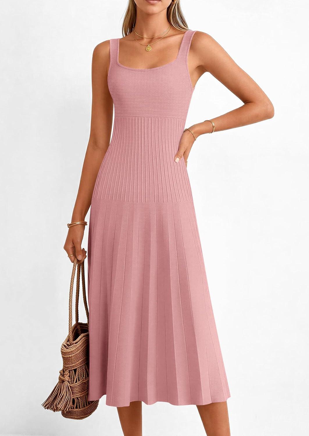 imagePRETTYGARDEN Spring Dresses for Women 2026 Summer Casual Sleeveless Square Neck A Line Knit Pleated Midi Cocktail Party DressPink