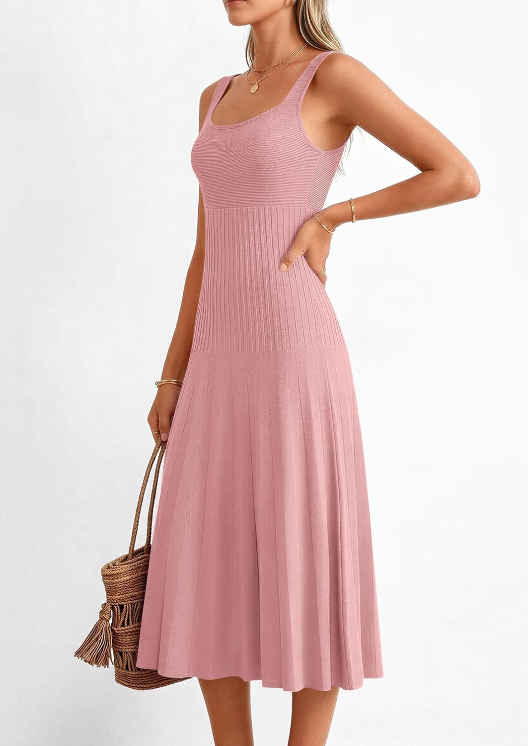 imagePRETTYGARDEN Spring Dresses for Women 2026 Summer Casual Sleeveless Square Neck A Line Knit Pleated Midi Cocktail Party DressPink