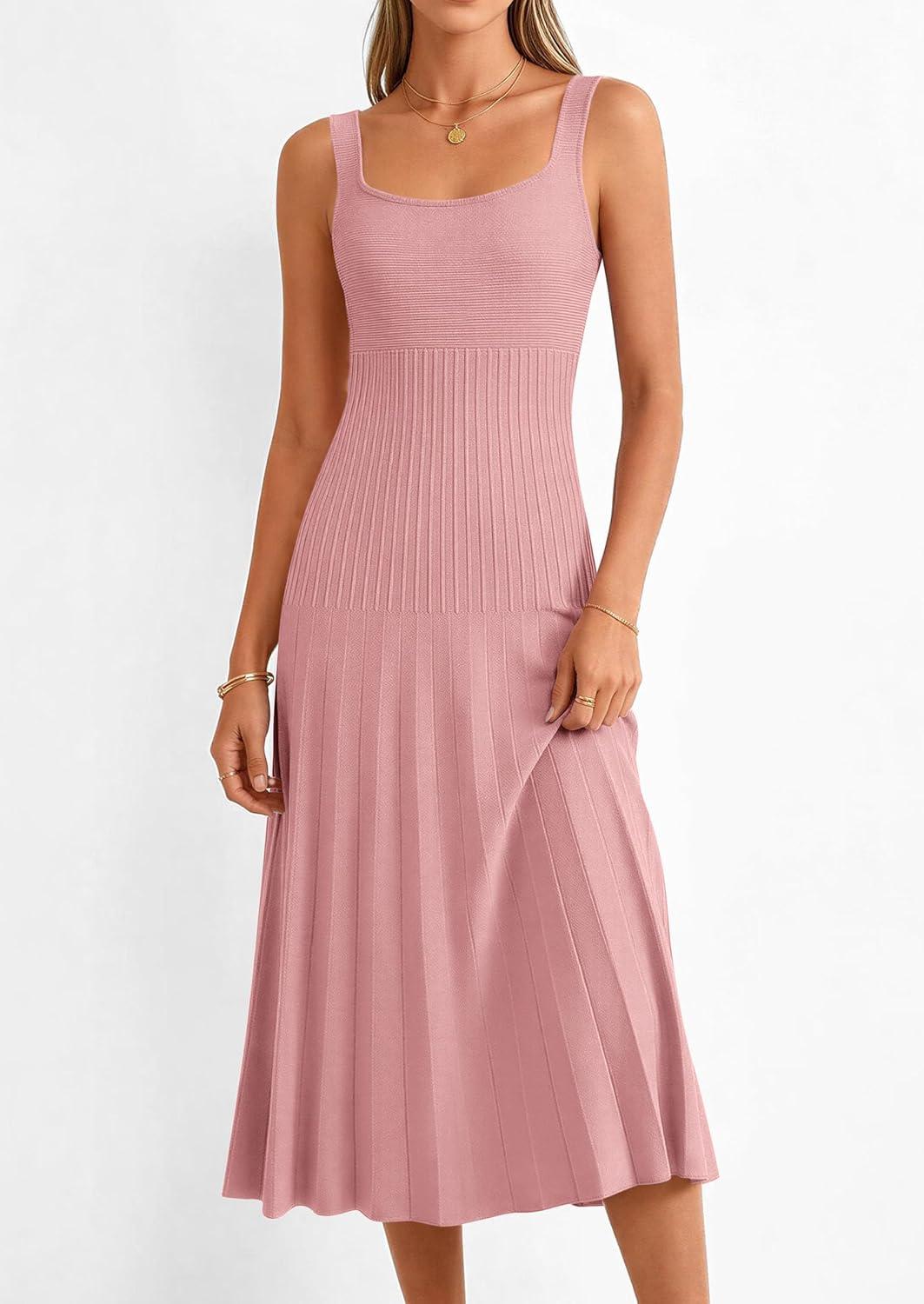 imagePRETTYGARDEN Spring Dresses for Women 2026 Summer Casual Sleeveless Square Neck A Line Knit Pleated Midi Cocktail Party DressPink