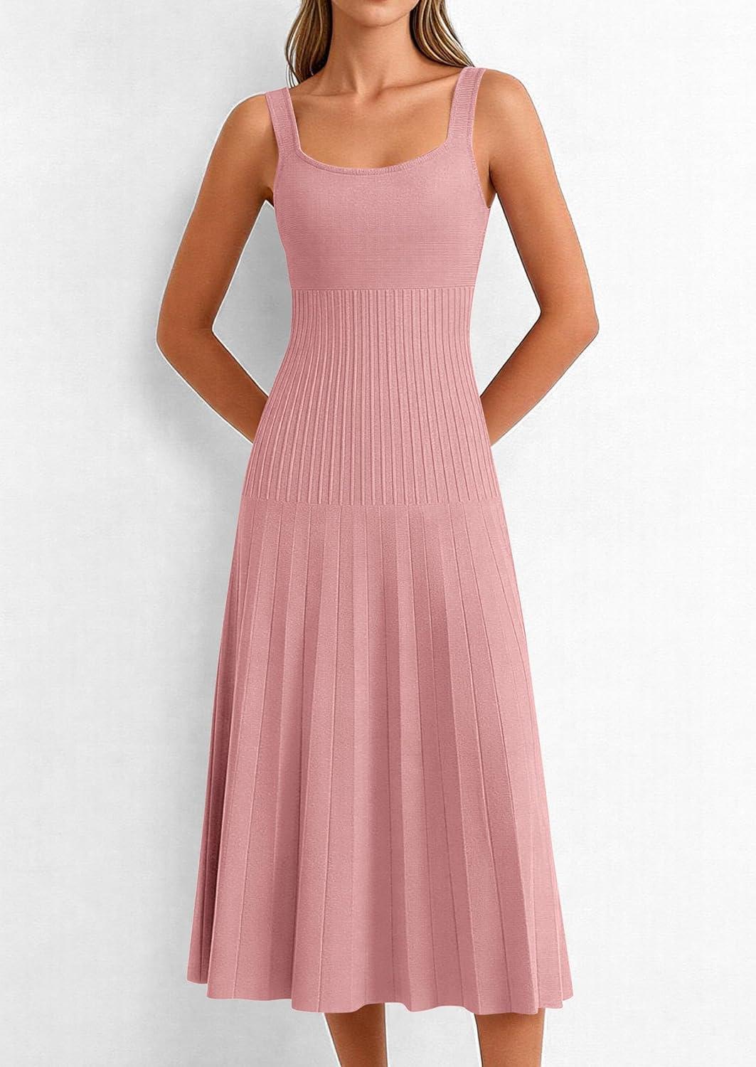imagePRETTYGARDEN Spring Dresses for Women 2026 Summer Casual Sleeveless Square Neck A Line Knit Pleated Midi Cocktail Party DressPink