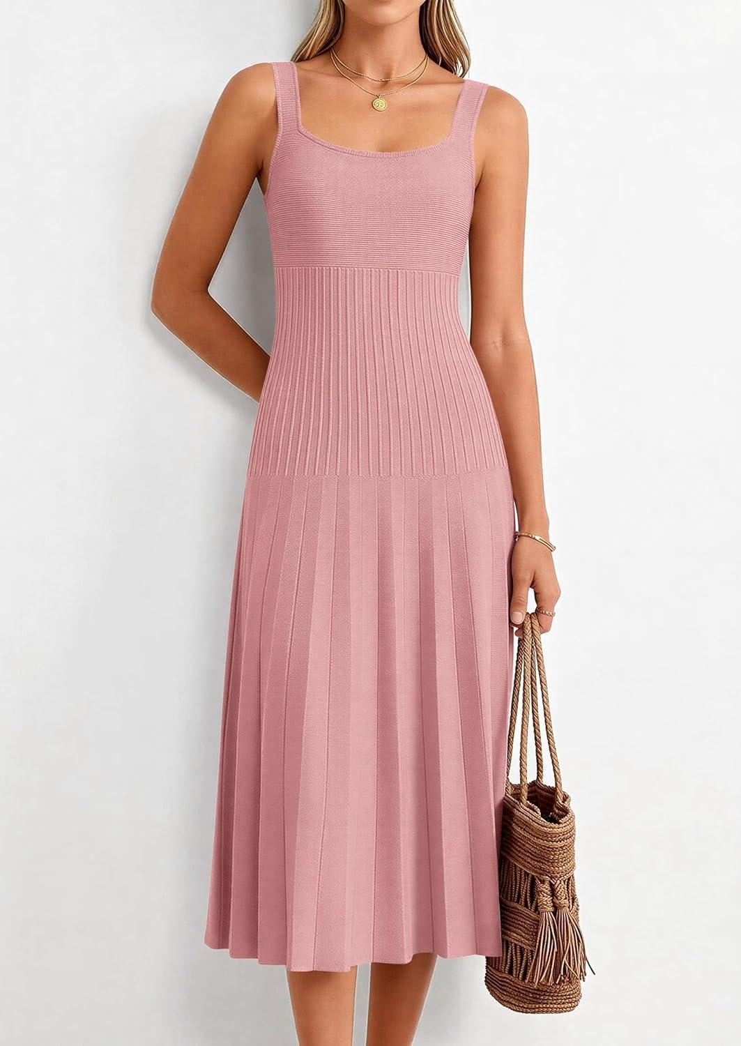imagePRETTYGARDEN Spring Dresses for Women 2026 Summer Casual Sleeveless Square Neck A Line Knit Pleated Midi Cocktail Party DressPink