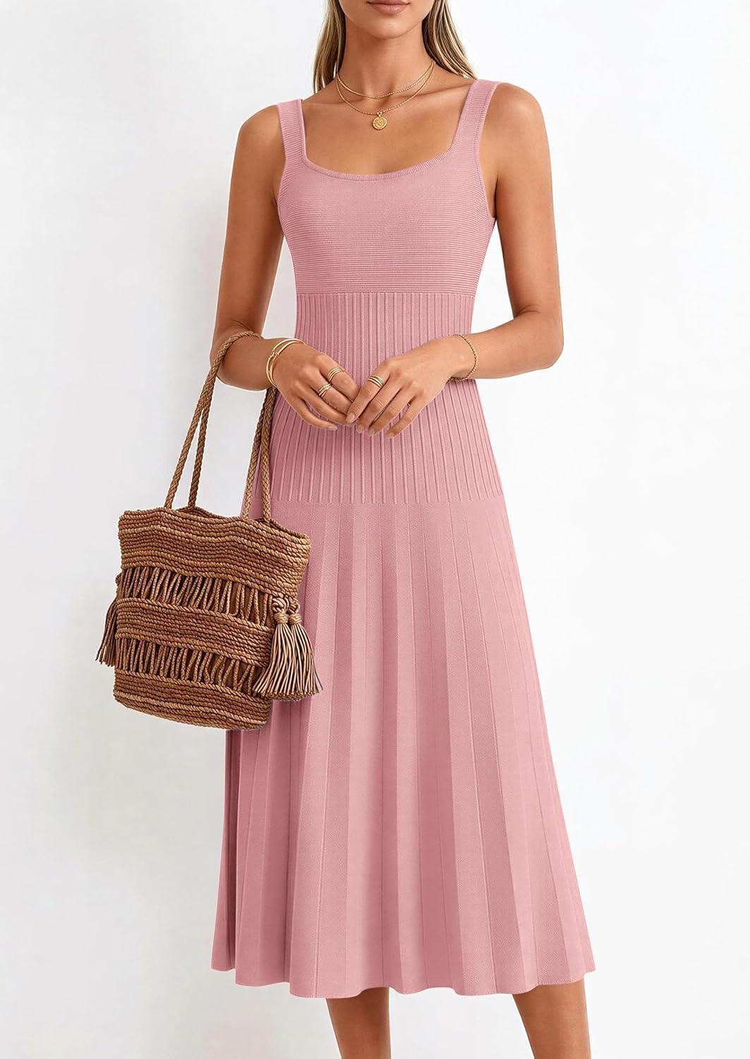 imagePRETTYGARDEN Spring Dresses for Women 2026 Summer Casual Sleeveless Square Neck A Line Knit Pleated Midi Cocktail Party DressPink
