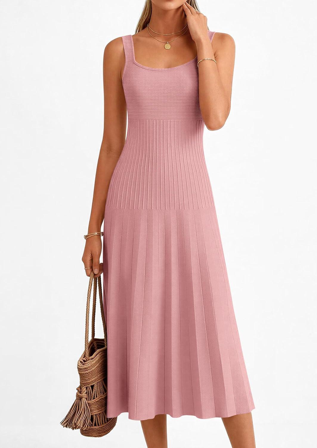 imagePRETTYGARDEN Spring Dresses for Women 2026 Summer Casual Sleeveless Square Neck A Line Knit Pleated Midi Cocktail Party DressPink