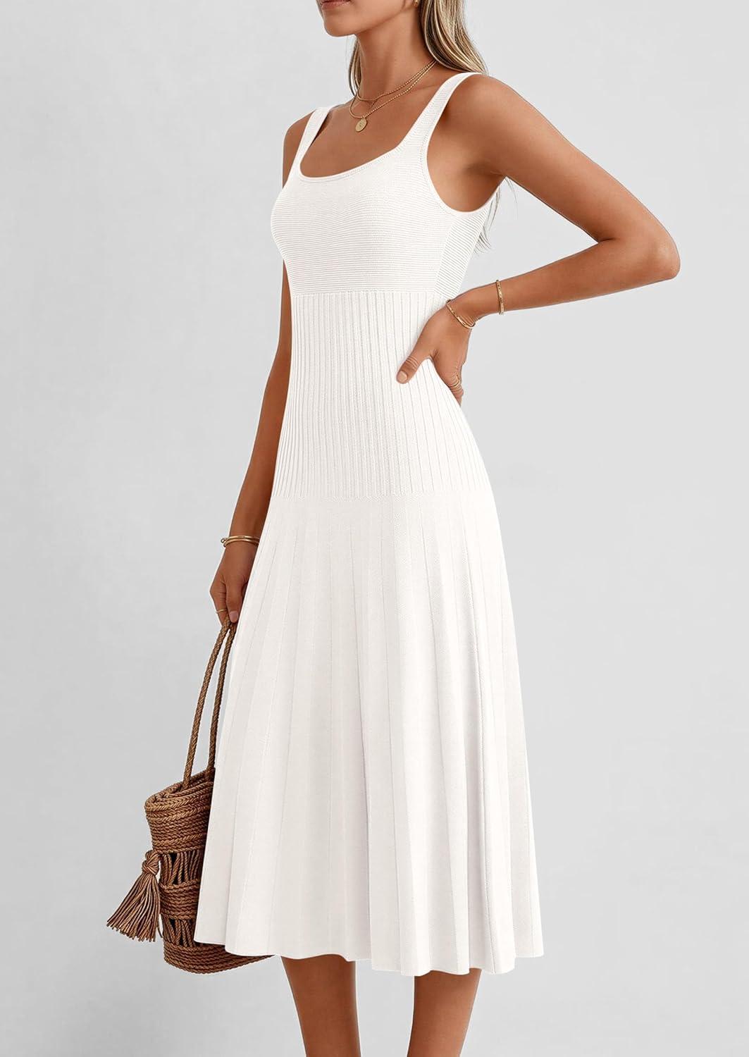 imagePRETTYGARDEN Spring Dresses for Women 2026 Summer Casual Sleeveless Square Neck A Line Knit Pleated Midi Cocktail Party DressWhite