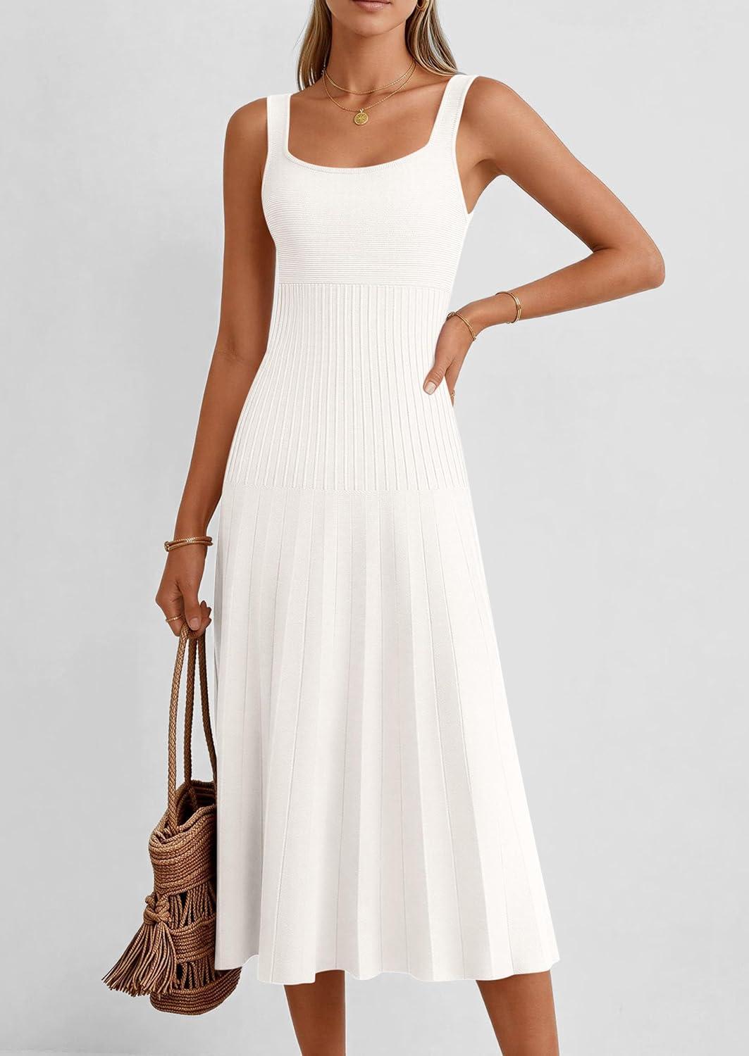 imagePRETTYGARDEN Spring Dresses for Women 2026 Summer Casual Sleeveless Square Neck A Line Knit Pleated Midi Cocktail Party DressWhite