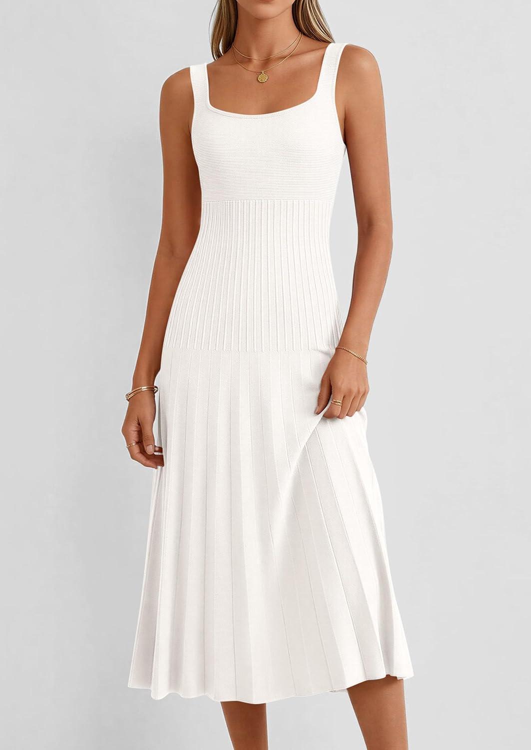 imagePRETTYGARDEN Spring Dresses for Women 2026 Summer Casual Sleeveless Square Neck A Line Knit Pleated Midi Cocktail Party DressWhite