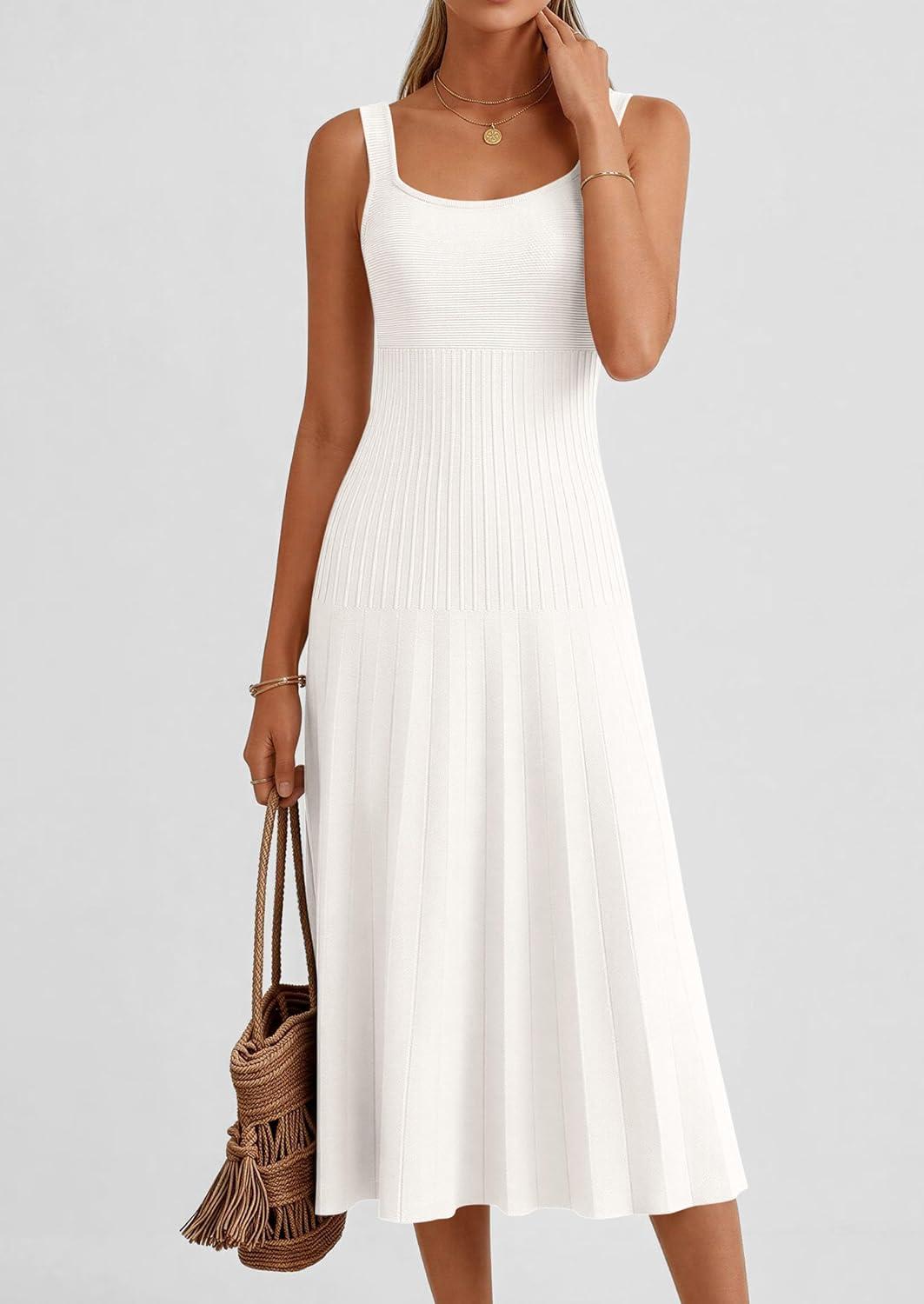 imagePRETTYGARDEN Spring Dresses for Women 2026 Summer Casual Sleeveless Square Neck A Line Knit Pleated Midi Cocktail Party DressWhite