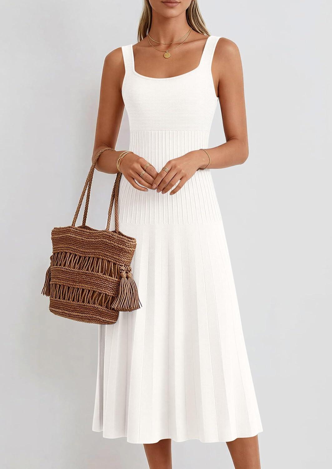 imagePRETTYGARDEN Spring Dresses for Women 2026 Summer Casual Sleeveless Square Neck A Line Knit Pleated Midi Cocktail Party DressWhite
