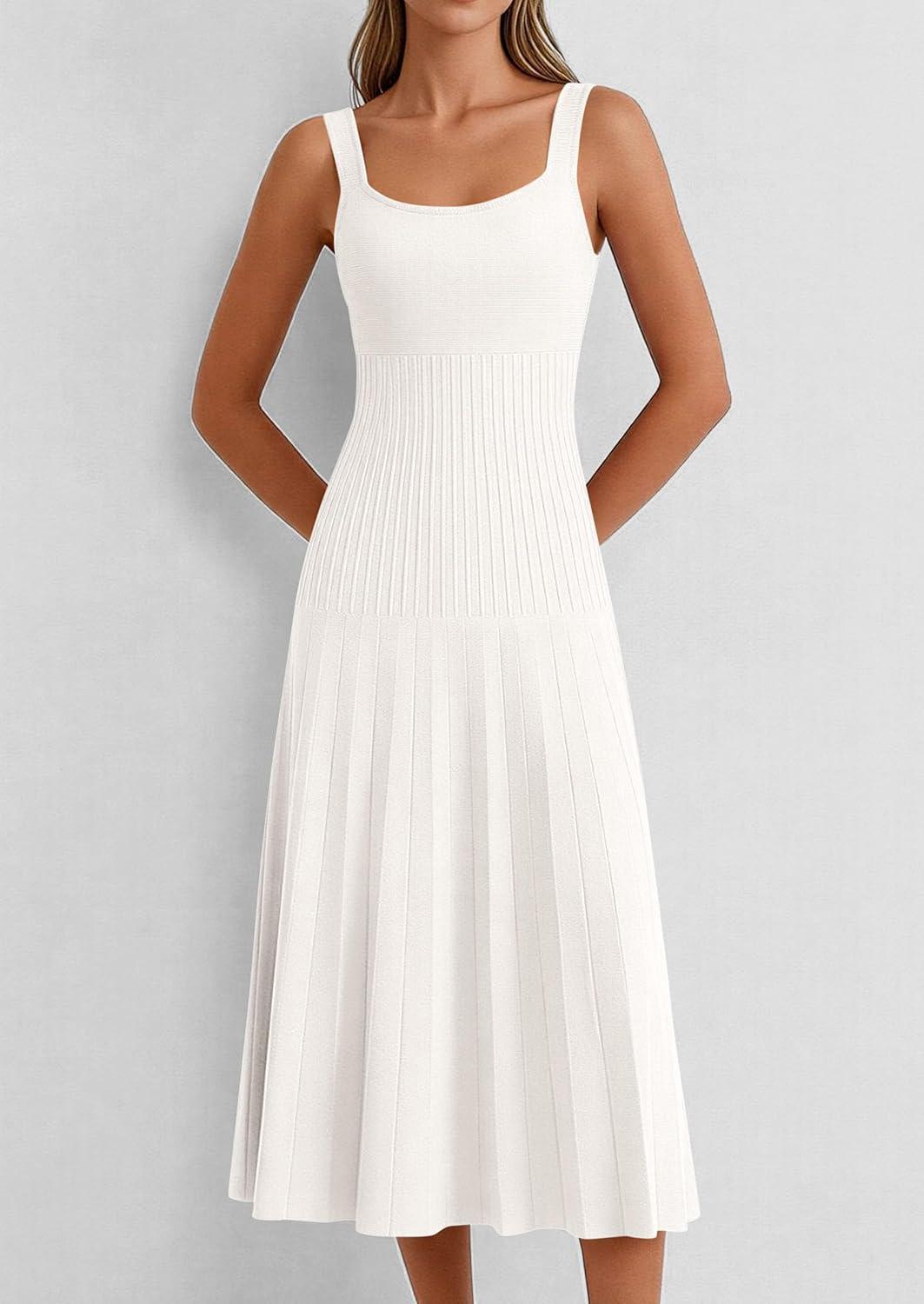 imagePRETTYGARDEN Spring Dresses for Women 2026 Summer Casual Sleeveless Square Neck A Line Knit Pleated Midi Cocktail Party DressWhite