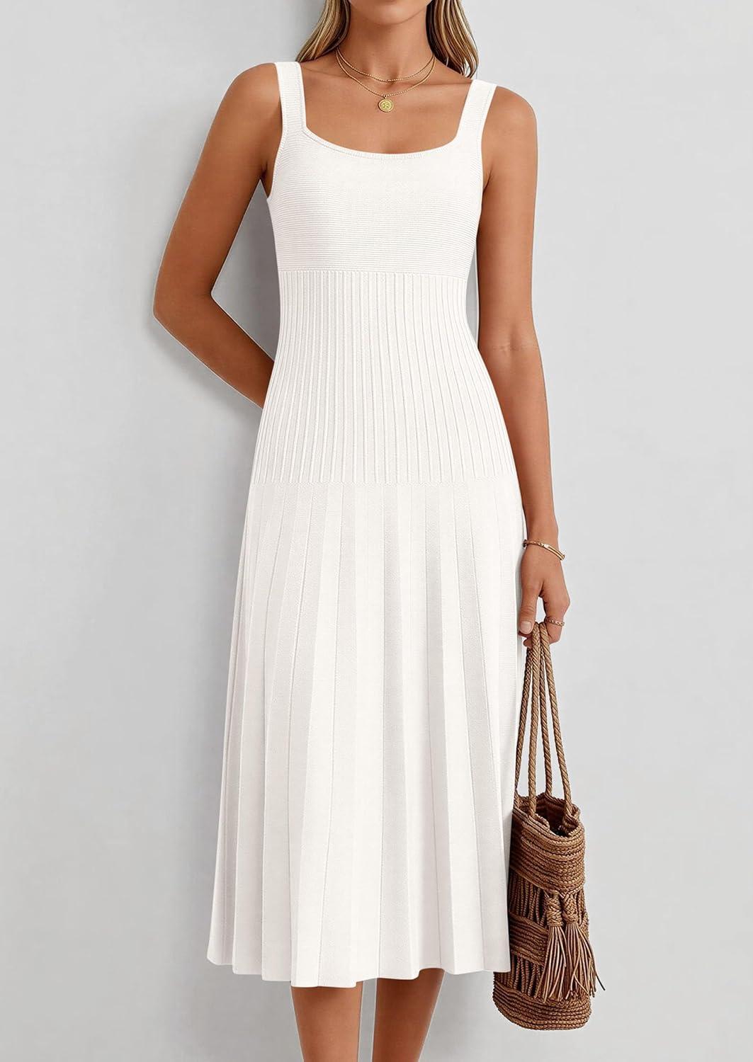 imagePRETTYGARDEN Spring Dresses for Women 2026 Summer Casual Sleeveless Square Neck A Line Knit Pleated Midi Cocktail Party DressWhite