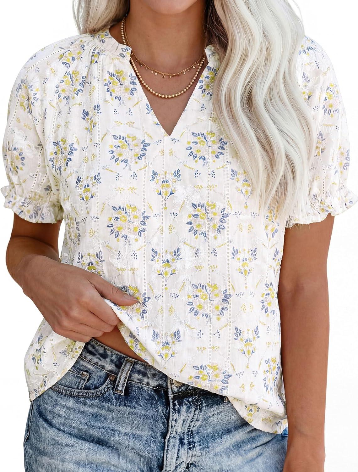 imagePRETTYGARDEN Summer Short Sleeve V Neck Shirts for Women 2026 Trendy Floral Print Loose Ruffle Tops Business Casual BlousesFloral Beige