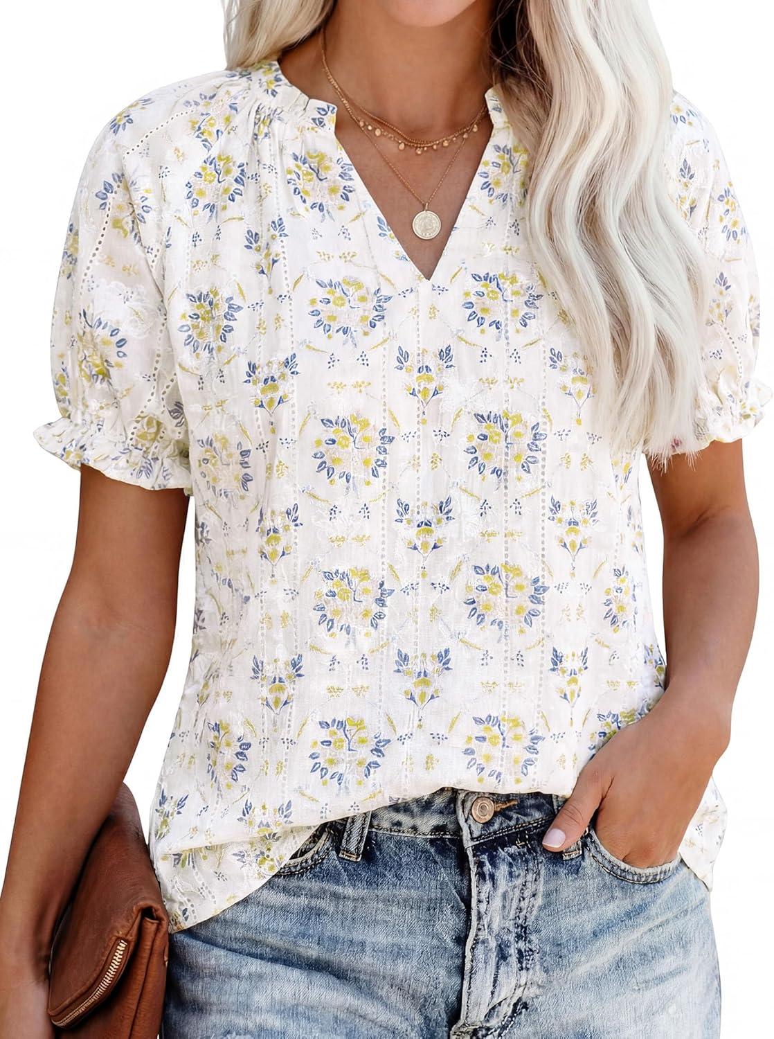 imagePRETTYGARDEN Summer Short Sleeve V Neck Shirts for Women 2026 Trendy Floral Print Loose Ruffle Tops Business Casual BlousesFloral Beige