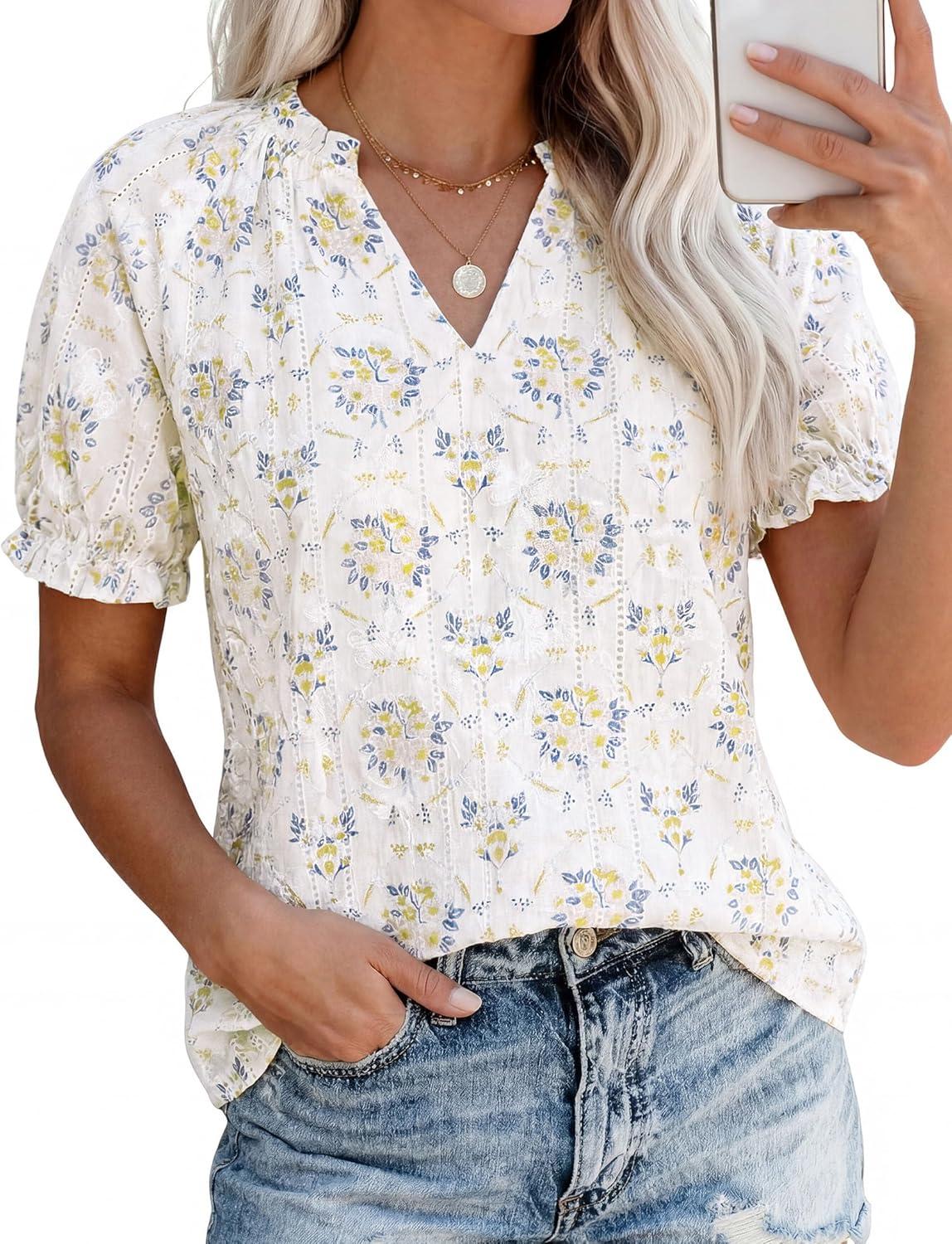 imagePRETTYGARDEN Summer Short Sleeve V Neck Shirts for Women 2026 Trendy Floral Print Loose Ruffle Tops Business Casual BlousesFloral Beige