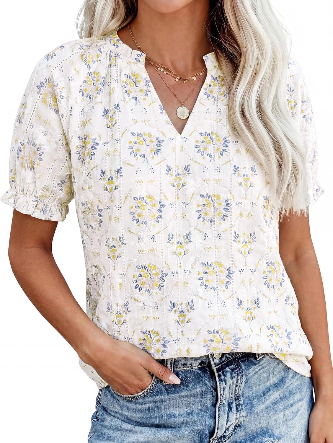imagePRETTYGARDEN Summer Short Sleeve V Neck Shirts for Women 2026 Trendy Floral Print Loose Ruffle Tops Business Casual BlousesFloral Beige