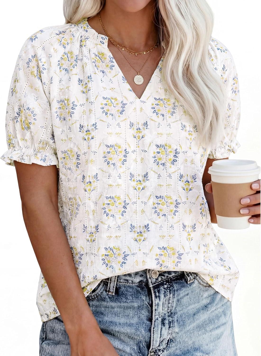 imagePRETTYGARDEN Summer Short Sleeve V Neck Shirts for Women 2026 Trendy Floral Print Loose Ruffle Tops Business Casual BlousesFloral Beige