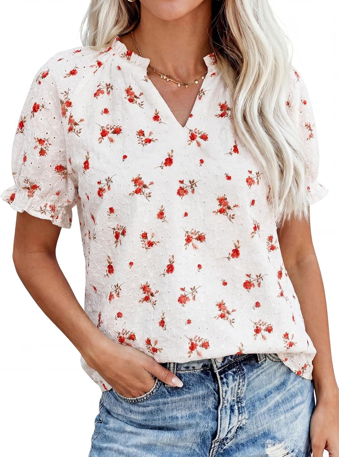 imagePRETTYGARDEN Summer Short Sleeve V Neck Shirts for Women 2026 Trendy Floral Print Loose Ruffle Tops Business Casual BlousesSmall Red Flower