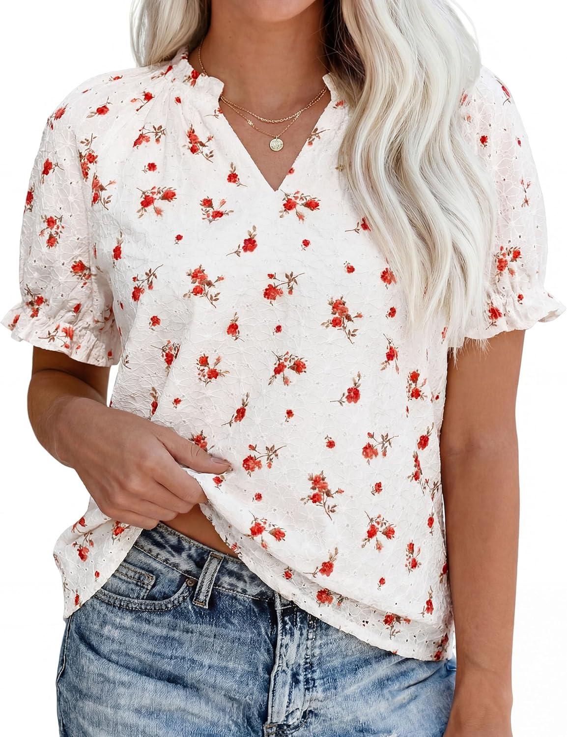 imagePRETTYGARDEN Summer Short Sleeve V Neck Shirts for Women 2026 Trendy Floral Print Loose Ruffle Tops Business Casual BlousesSmall Red Flower