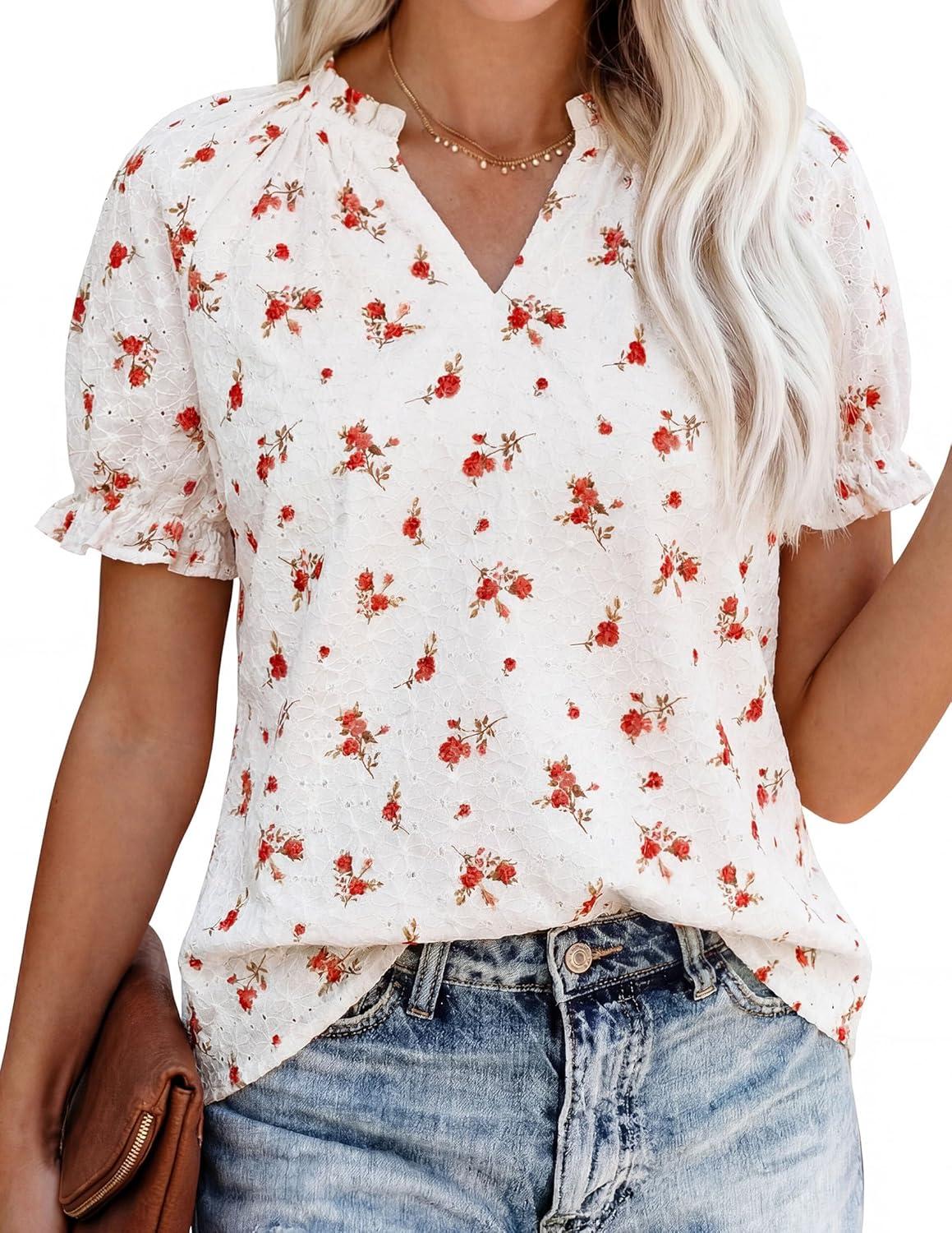 imagePRETTYGARDEN Summer Short Sleeve V Neck Shirts for Women 2026 Trendy Floral Print Loose Ruffle Tops Business Casual BlousesSmall Red Flower