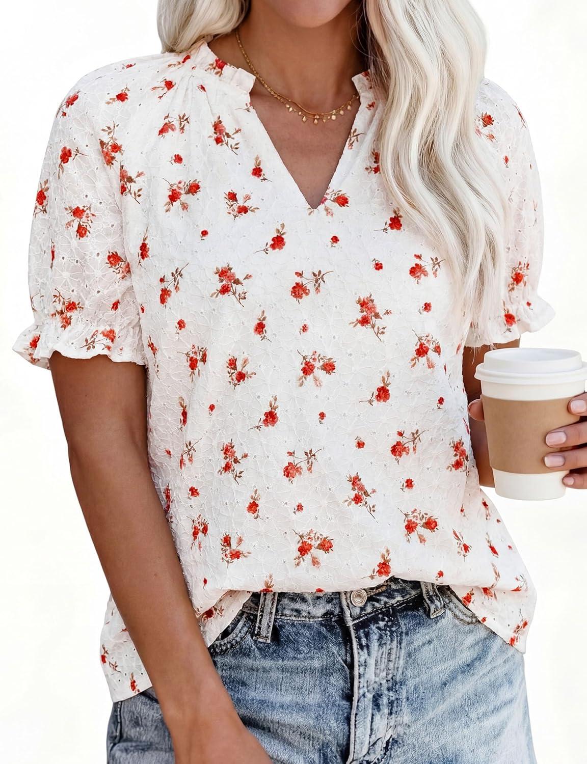 imagePRETTYGARDEN Summer Short Sleeve V Neck Shirts for Women 2026 Trendy Floral Print Loose Ruffle Tops Business Casual BlousesSmall Red Flower