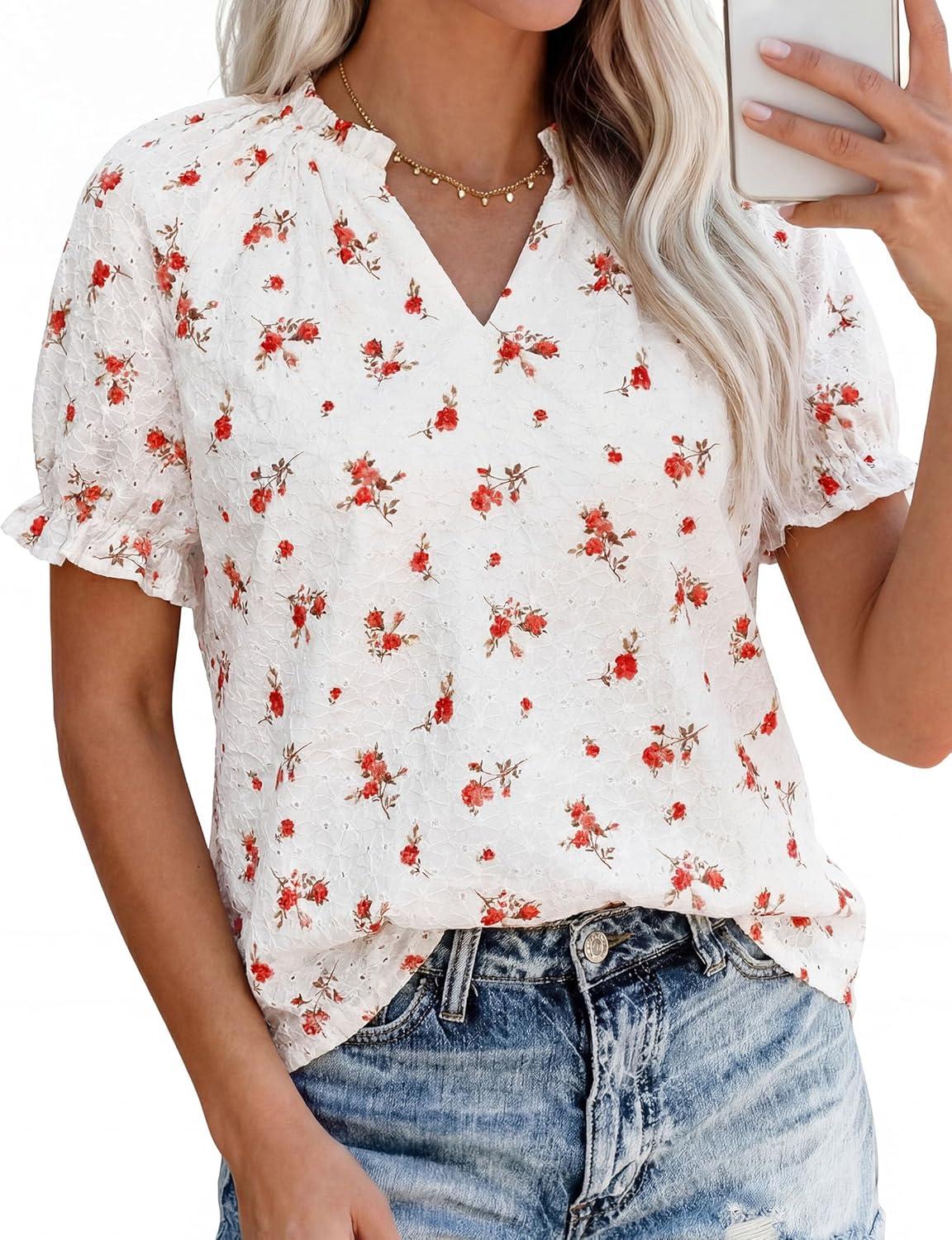 imagePRETTYGARDEN Summer Short Sleeve V Neck Shirts for Women 2026 Trendy Floral Print Loose Ruffle Tops Business Casual BlousesSmall Red Flower