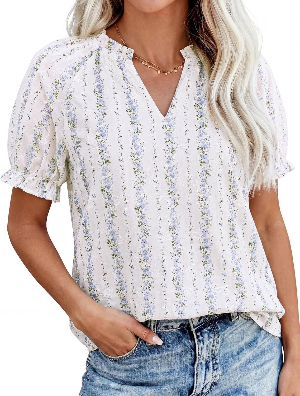 imagePRETTYGARDEN Summer Short Sleeve V Neck Shirts for Women 2026 Trendy Floral Print Loose Ruffle Tops Business Casual BlousesStriped and Flower