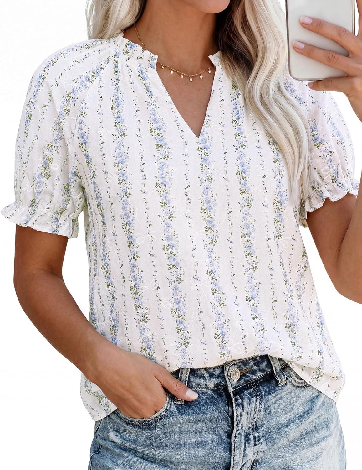 imagePRETTYGARDEN Summer Short Sleeve V Neck Shirts for Women 2026 Trendy Floral Print Loose Ruffle Tops Business Casual BlousesStriped and Flower