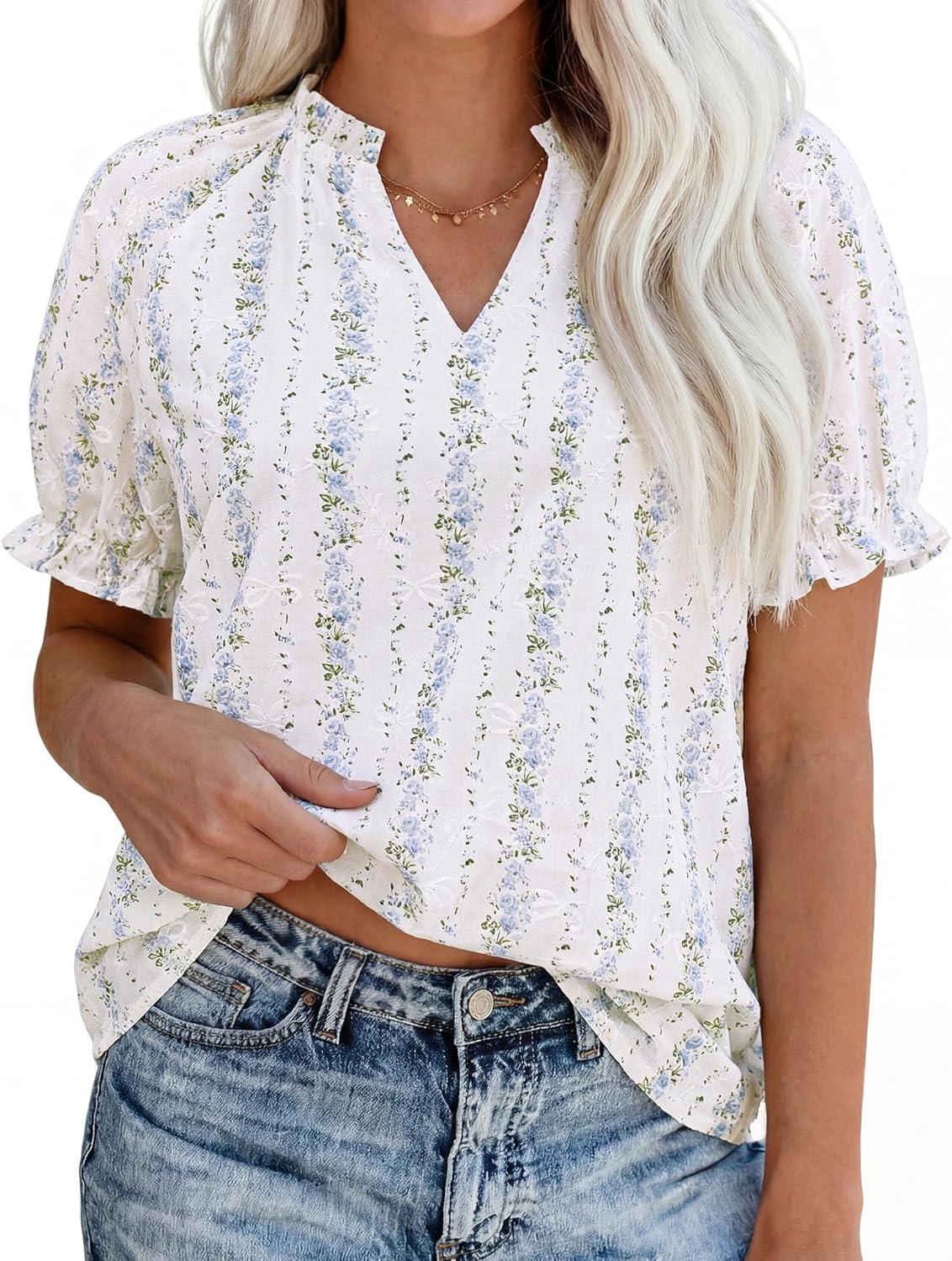 imagePRETTYGARDEN Summer Short Sleeve V Neck Shirts for Women 2026 Trendy Floral Print Loose Ruffle Tops Business Casual BlousesStriped and Flower
