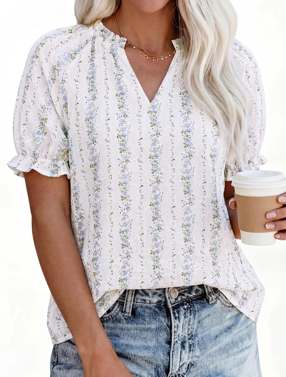 imagePRETTYGARDEN Summer Short Sleeve V Neck Shirts for Women 2026 Trendy Floral Print Loose Ruffle Tops Business Casual BlousesStriped and Flower