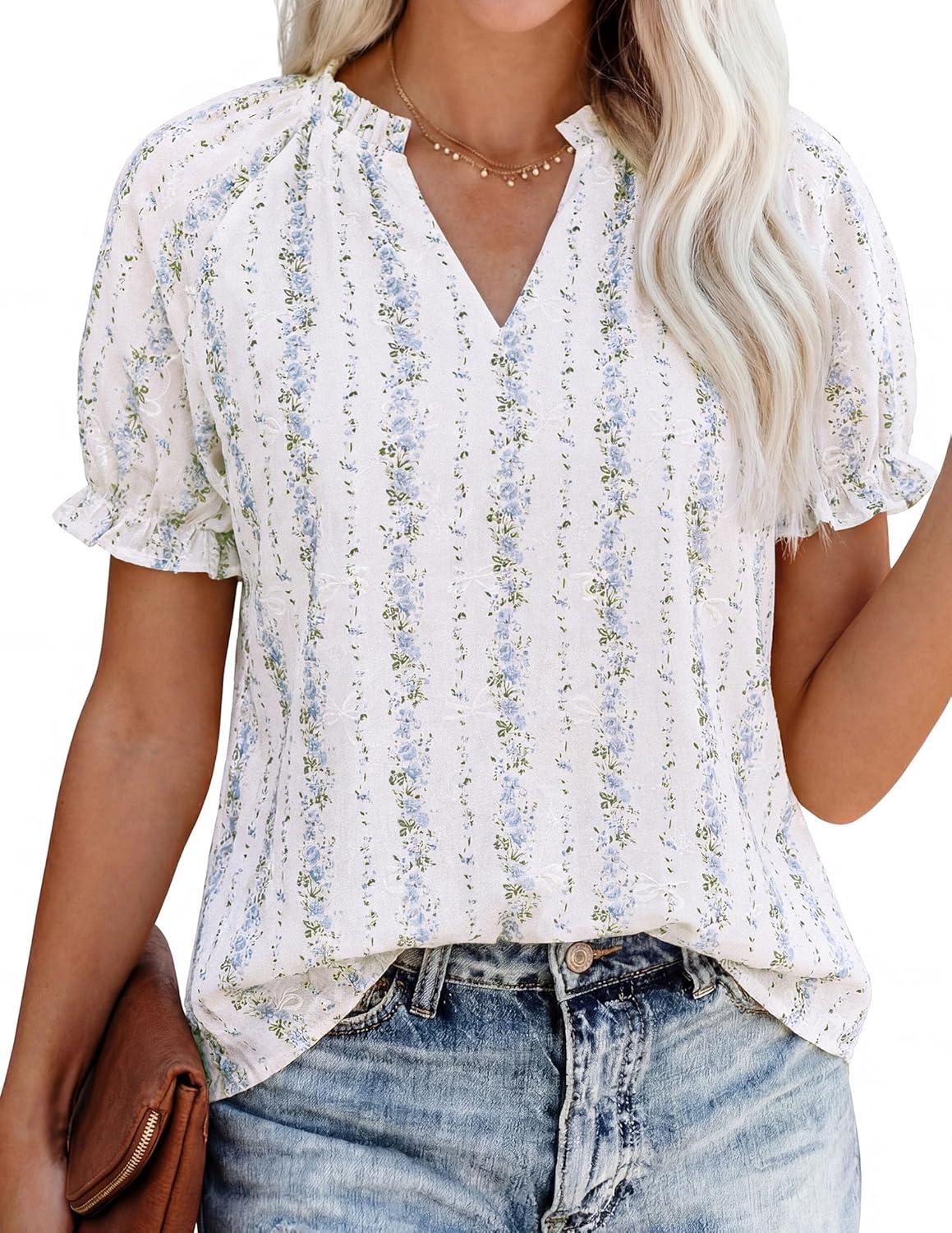 imagePRETTYGARDEN Summer Short Sleeve V Neck Shirts for Women 2026 Trendy Floral Print Loose Ruffle Tops Business Casual BlousesStriped and Flower