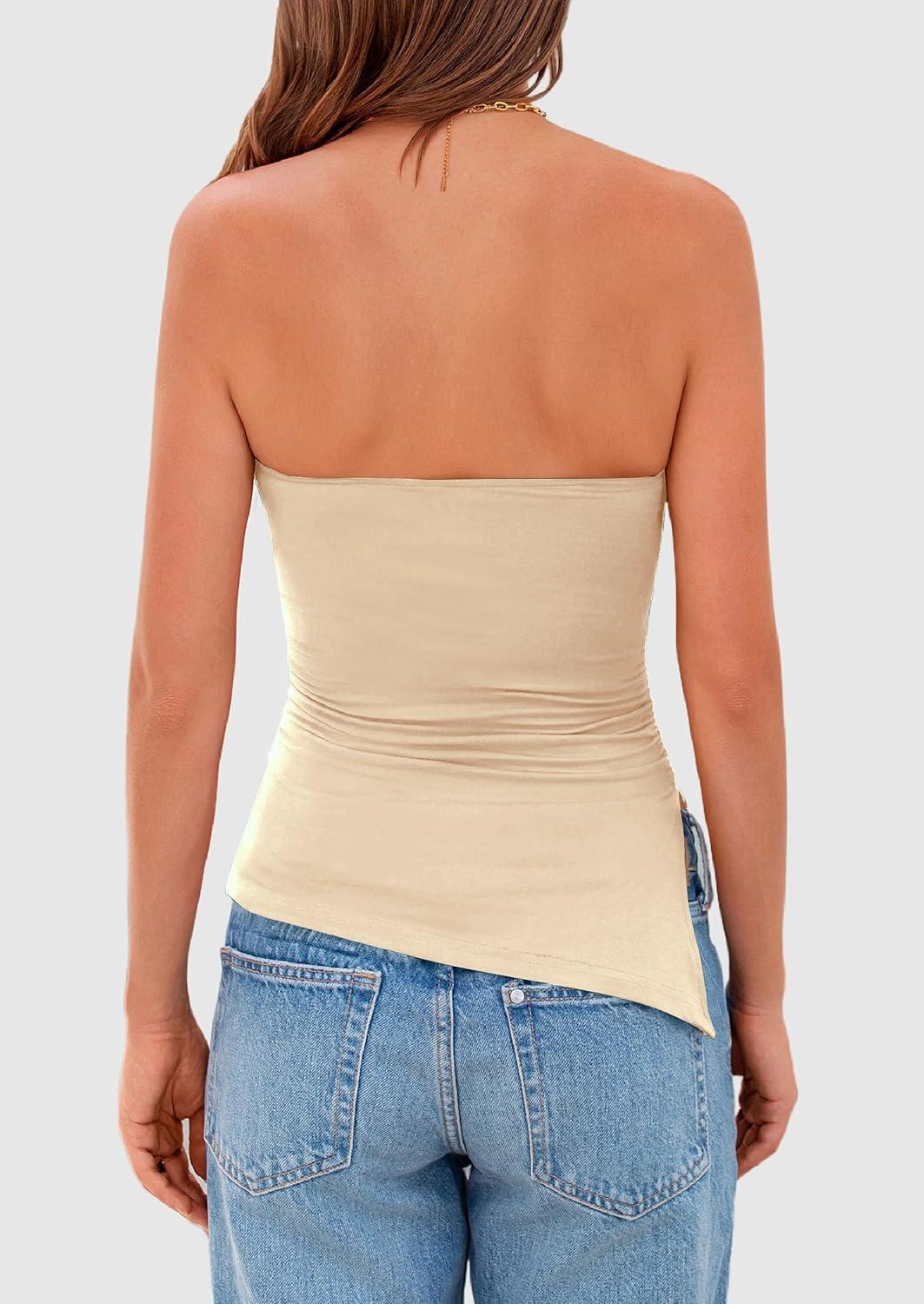 imagePRETTYGARDEN Tube Tops for Women Trendy Summer 2026 Asymmetrical Ruched Strapless Shirts Spring Fashion Going Out Y2K ClothesApricot