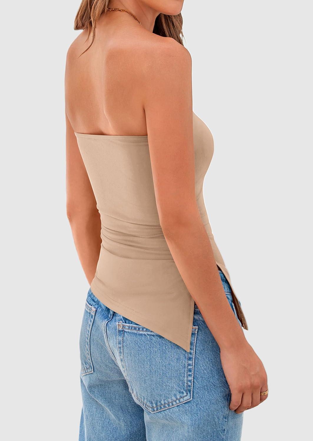 imagePRETTYGARDEN Tube Tops for Women Trendy Summer 2026 Asymmetrical Ruched Strapless Shirts Spring Fashion Going Out Y2K ClothesApricot