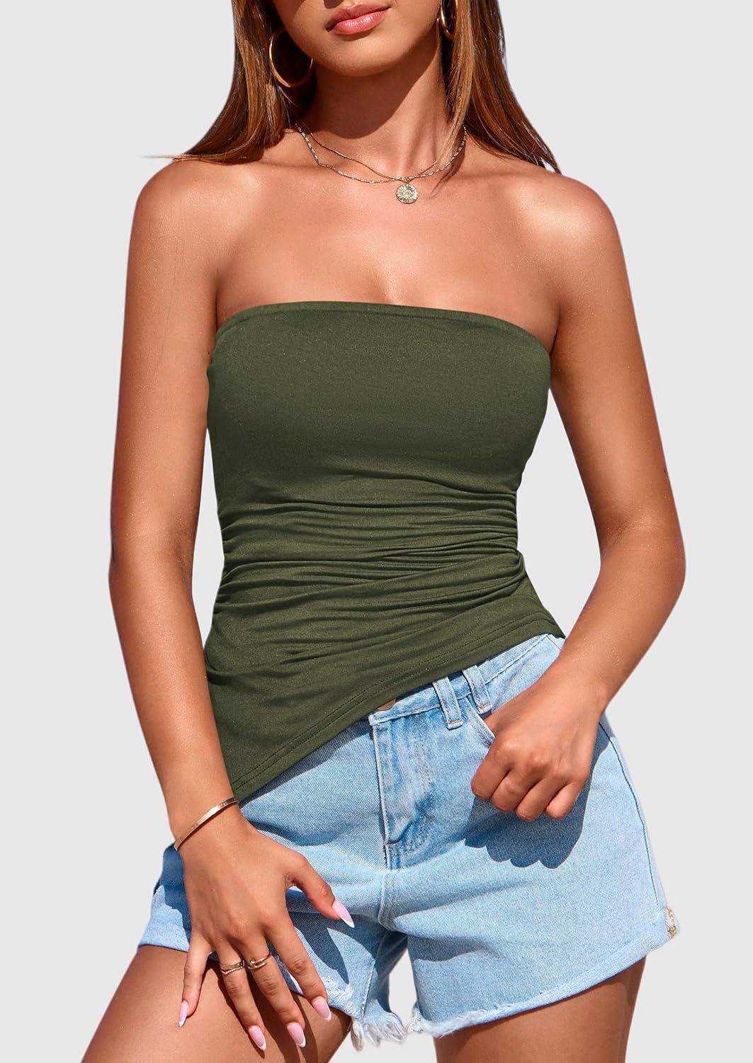 imagePRETTYGARDEN Tube Tops for Women Trendy Summer 2026 Asymmetrical Ruched Strapless Shirts Spring Fashion Going Out Y2K ClothesArmy Green