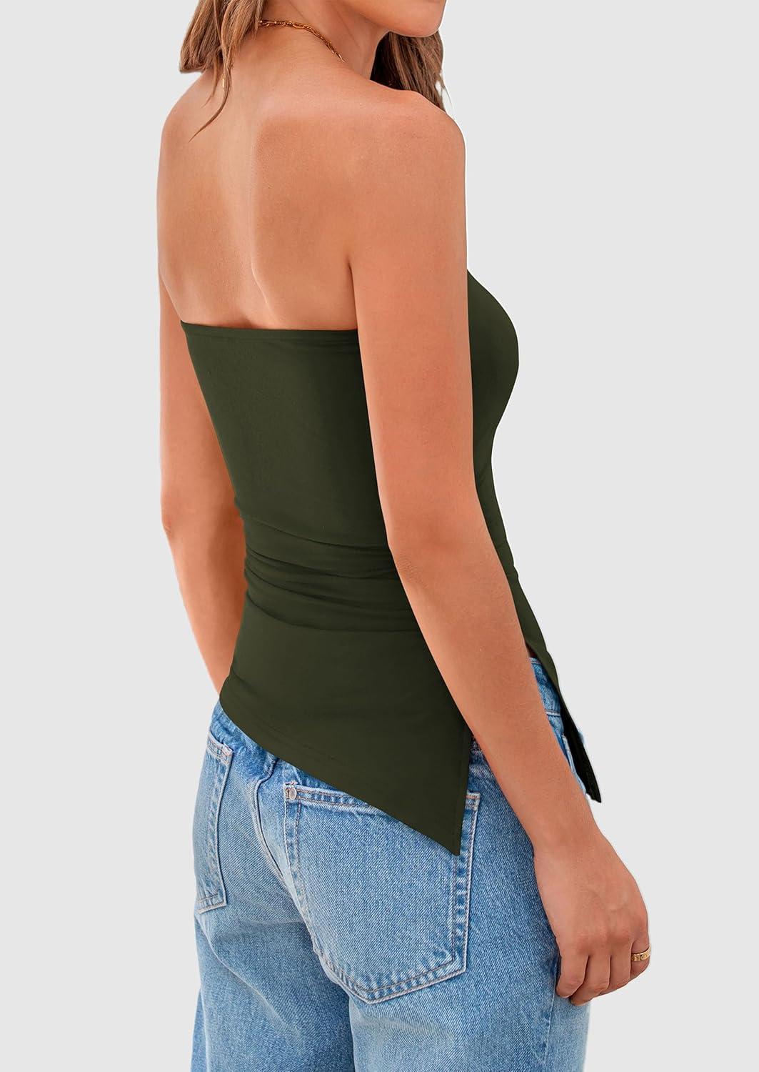 imagePRETTYGARDEN Tube Tops for Women Trendy Summer 2026 Asymmetrical Ruched Strapless Shirts Spring Fashion Going Out Y2K ClothesArmy Green