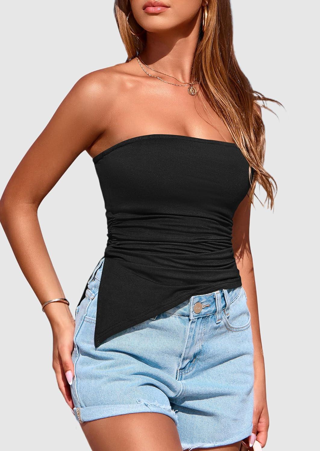 imagePRETTYGARDEN Tube Tops for Women Trendy Summer 2026 Asymmetrical Ruched Strapless Shirts Spring Fashion Going Out Y2K ClothesBlack