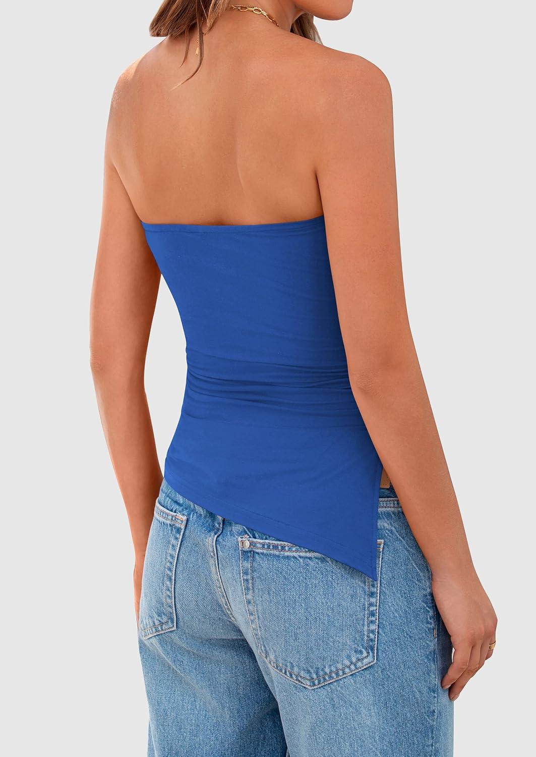 imagePRETTYGARDEN Tube Tops for Women Trendy Summer 2026 Asymmetrical Ruched Strapless Shirts Spring Fashion Going Out Y2K ClothesBlue