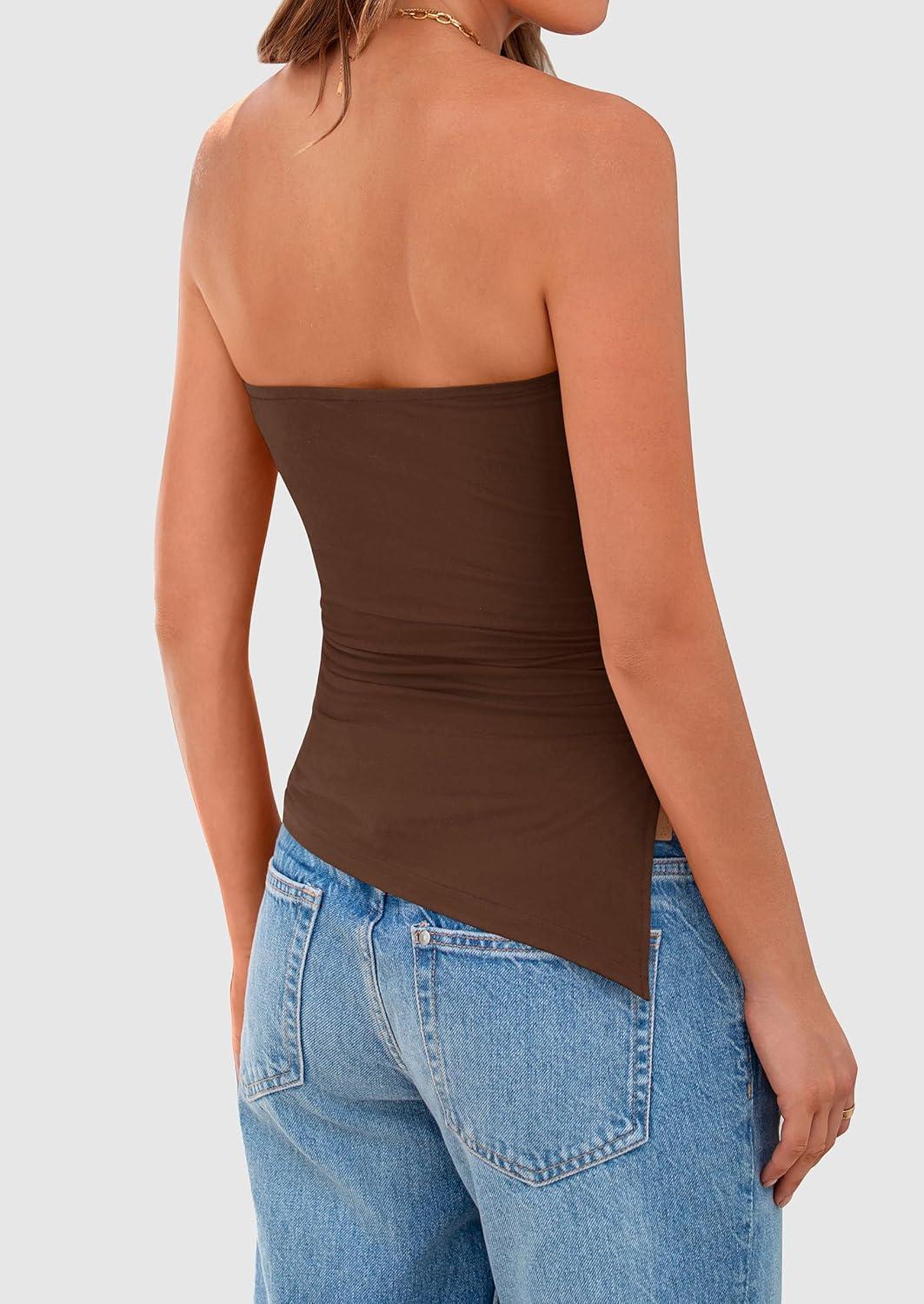 imagePRETTYGARDEN Tube Tops for Women Trendy Summer 2026 Asymmetrical Ruched Strapless Shirts Spring Fashion Going Out Y2K ClothesBrown