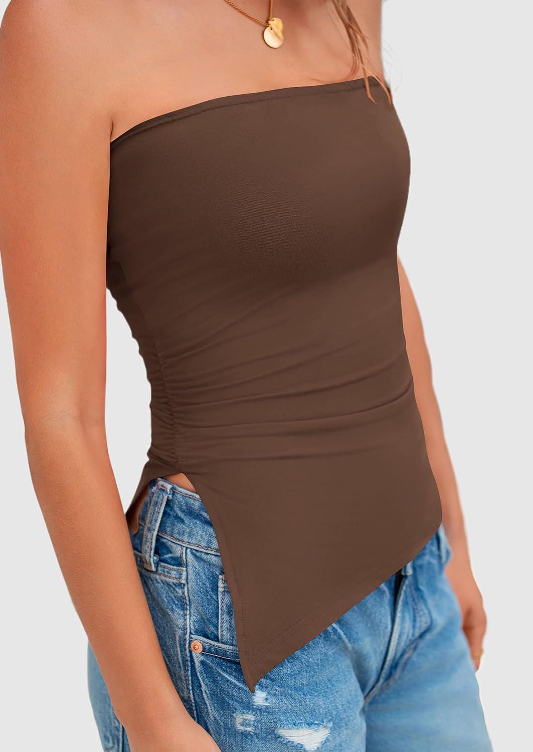 imagePRETTYGARDEN Tube Tops for Women Trendy Summer 2026 Asymmetrical Ruched Strapless Shirts Spring Fashion Going Out Y2K ClothesCoffee