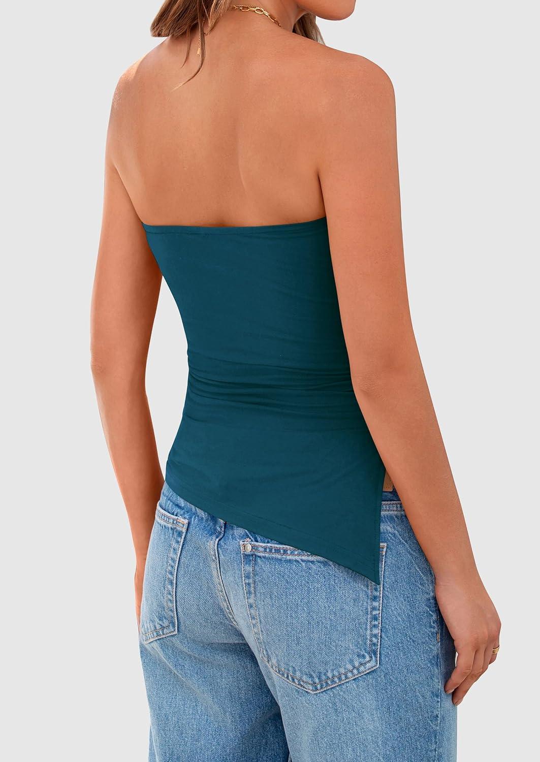 imagePRETTYGARDEN Tube Tops for Women Trendy Summer 2026 Asymmetrical Ruched Strapless Shirts Spring Fashion Going Out Y2K ClothesDark Blue