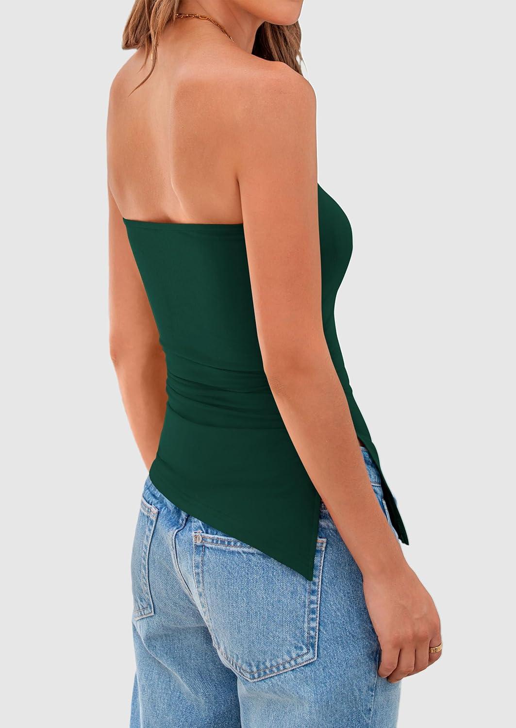 imagePRETTYGARDEN Tube Tops for Women Trendy Summer 2026 Asymmetrical Ruched Strapless Shirts Spring Fashion Going Out Y2K ClothesDark Green