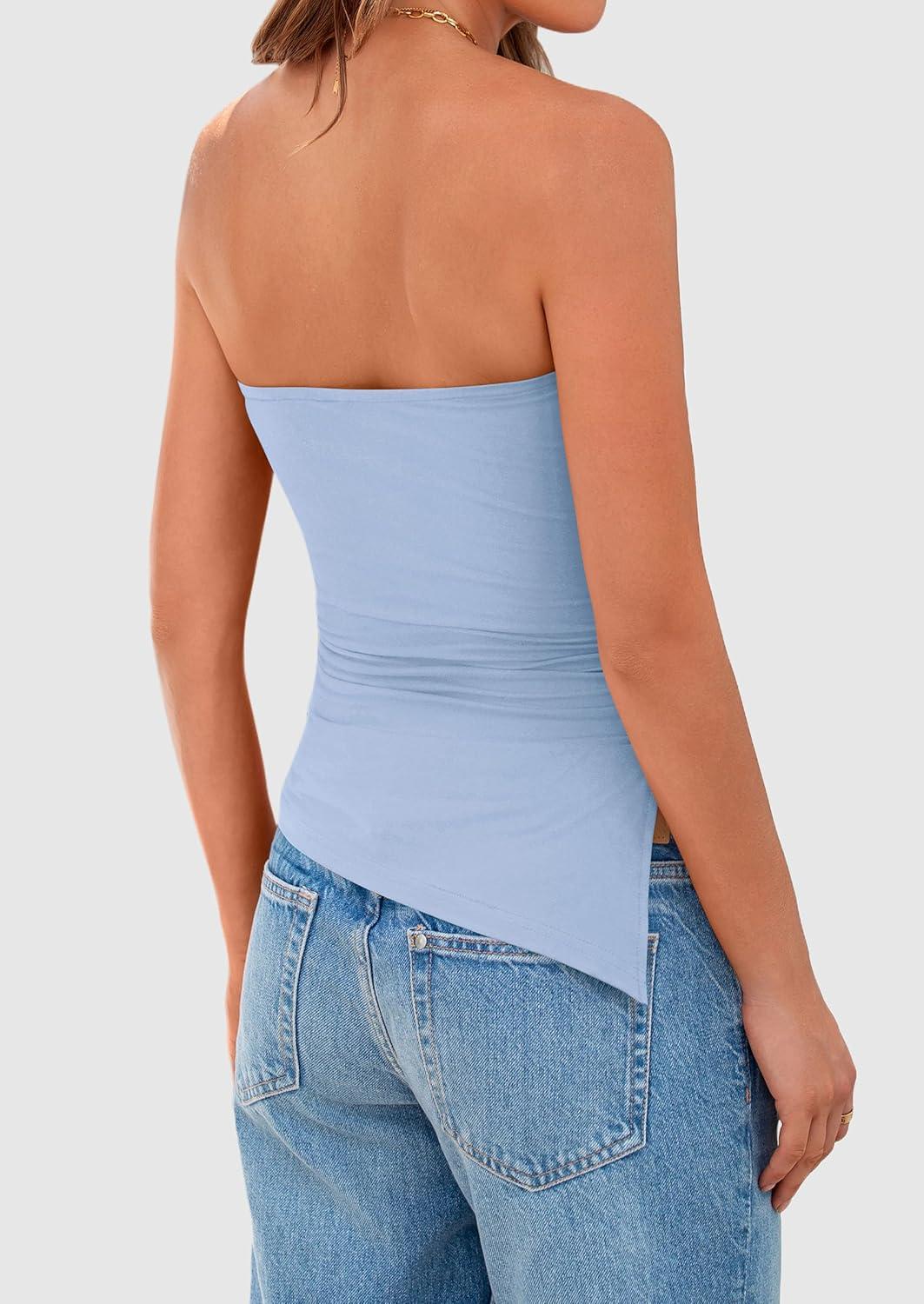 imagePRETTYGARDEN Tube Tops for Women Trendy Summer 2026 Asymmetrical Ruched Strapless Shirts Spring Fashion Going Out Y2K ClothesLight Blue