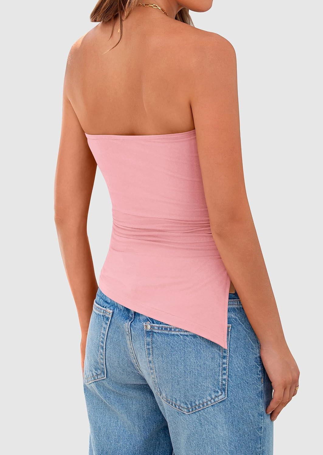 imagePRETTYGARDEN Tube Tops for Women Trendy Summer 2026 Asymmetrical Ruched Strapless Shirts Spring Fashion Going Out Y2K ClothesPink